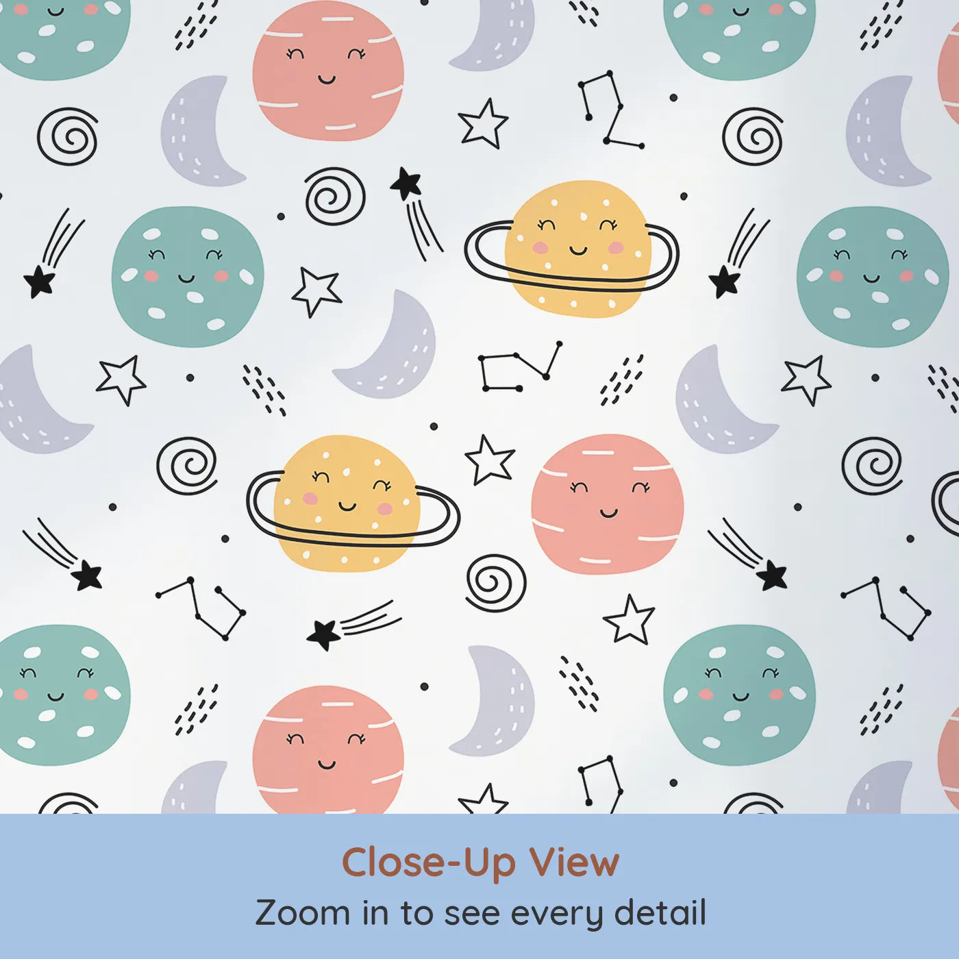 Close-up view of Whimsy Tots' Happy Planet Pals Wallpaper (W2183).Where every planet has a happy, smiling face.