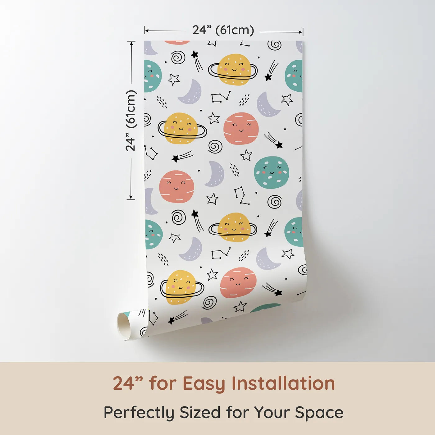 Dimension view of Whimsy Tots Happy Planet Pals Wallpaper (W2183). Printed in 24-inch-wide panel for easy installation. Where every planet has a happy, smiling face.