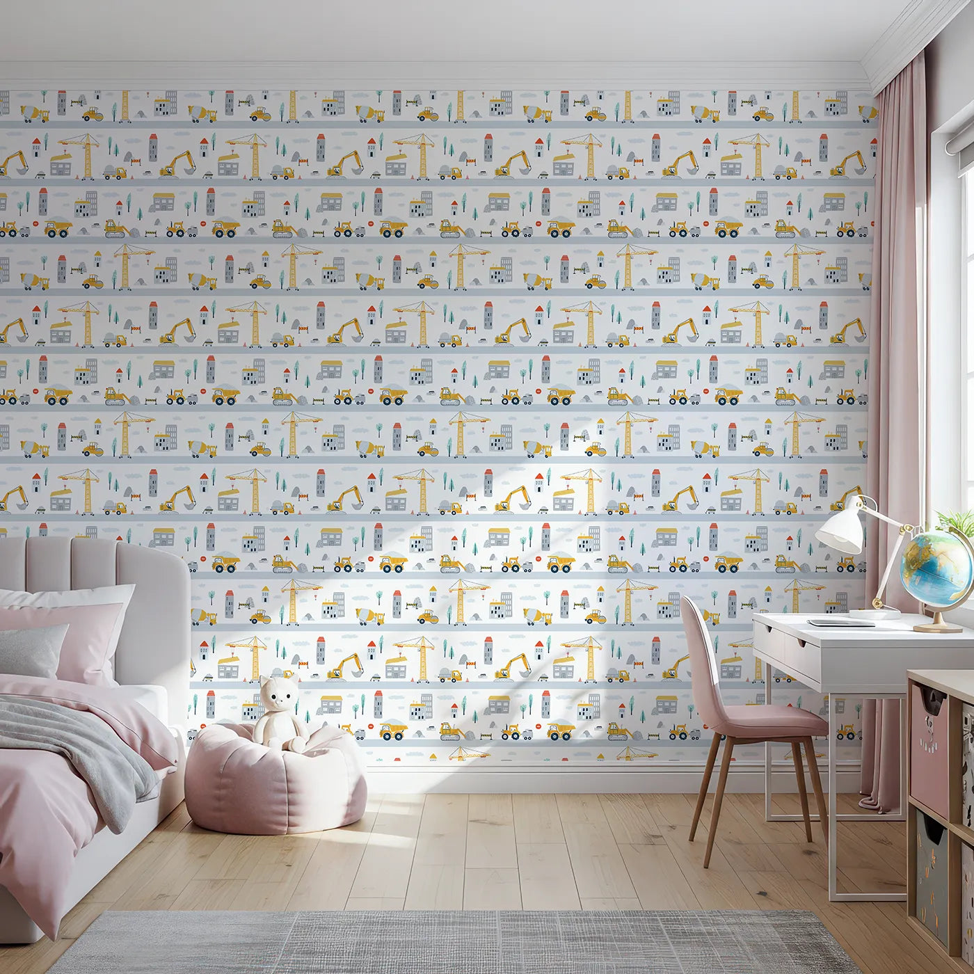 Front view of Whimsy Tots' Busy City Builders Wallpaper