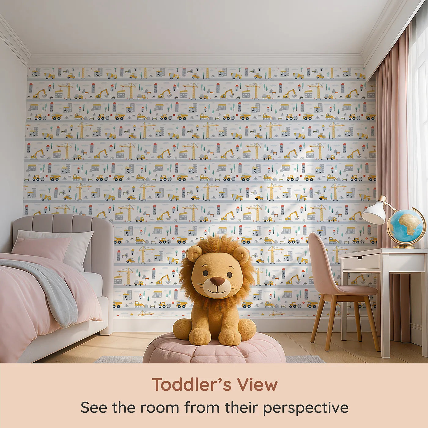 Whimsy Tots Busy City Builders Wallpaper (W2184) from your child's view.Where a whole city is being built, one truck at a time.