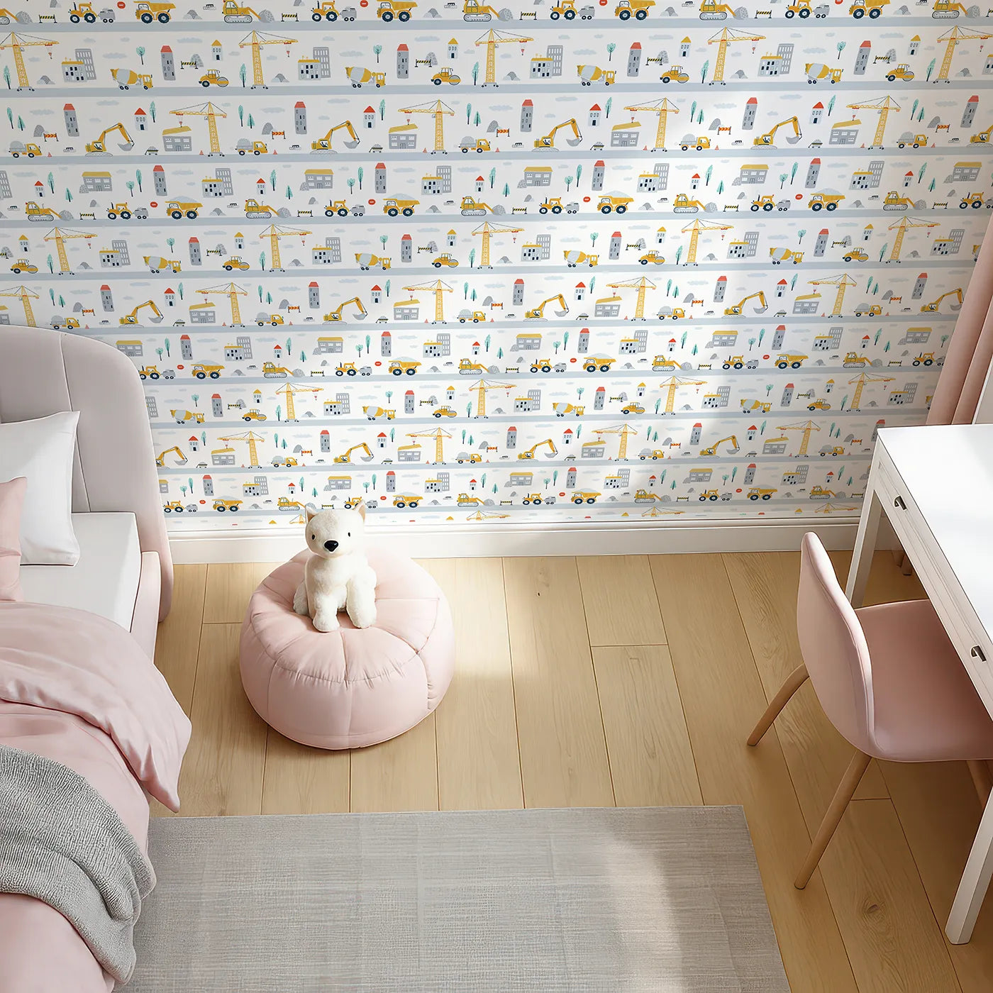 Top-Down view of Whimsy Tots' Busy City Builders Wallpaper (W2184).Where a whole city is being built, one truck at a time.