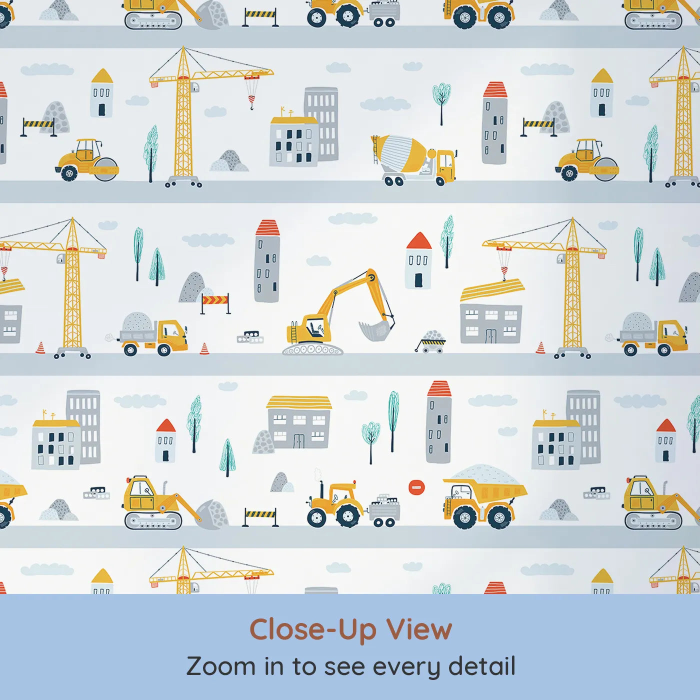 Close-up view of Whimsy Tots' Busy City Builders Wallpaper (W2184).Where a whole city is being built, one truck at a time.