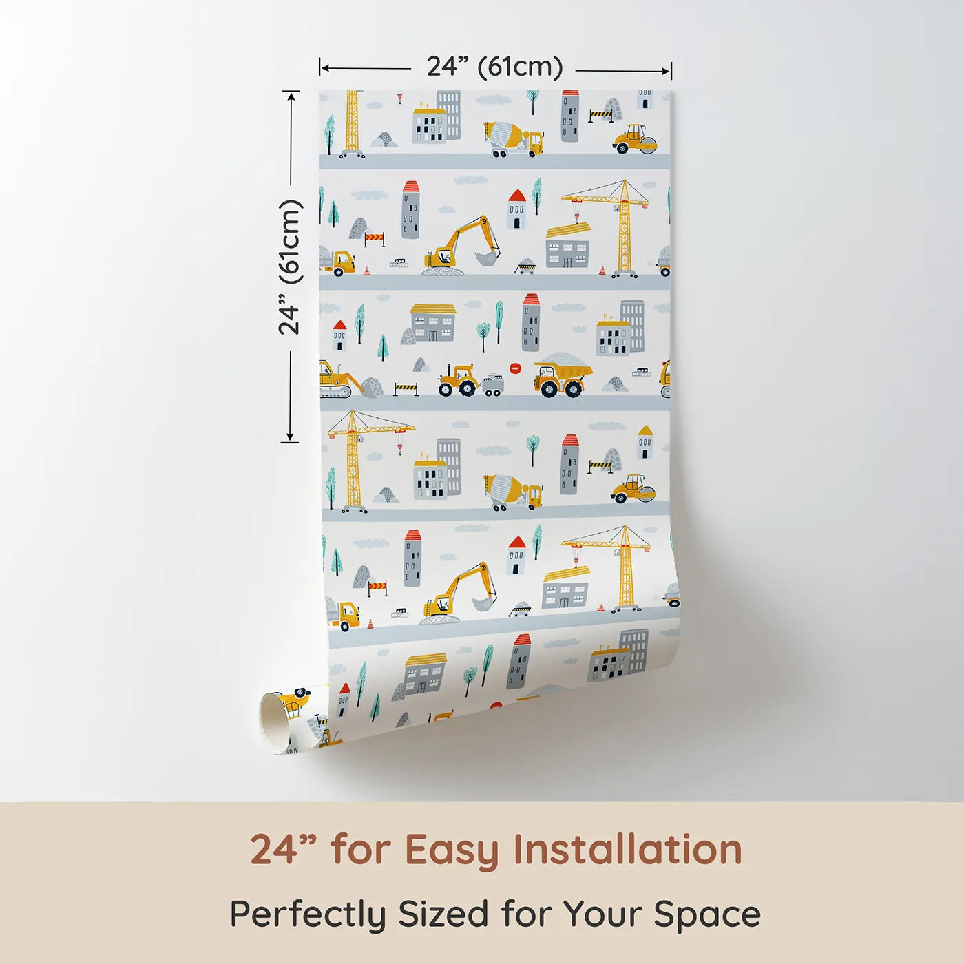 Dimension view of Whimsy Tots Busy City Builders Wallpaper (W2184). Printed in 24-inch-wide panel for easy installation. Where a whole city is being built, one truck at a time.