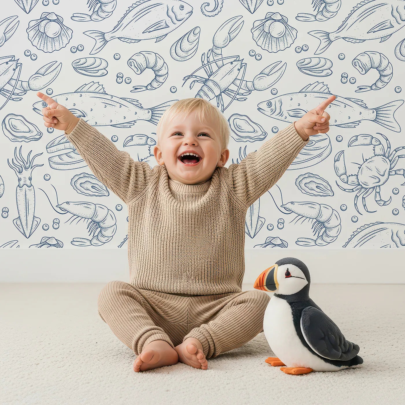Lovely child standing in front of Whimsy Tots Seafood Sketchbook Wallpaper with sea, ocean, fish, crab, sketch in design.