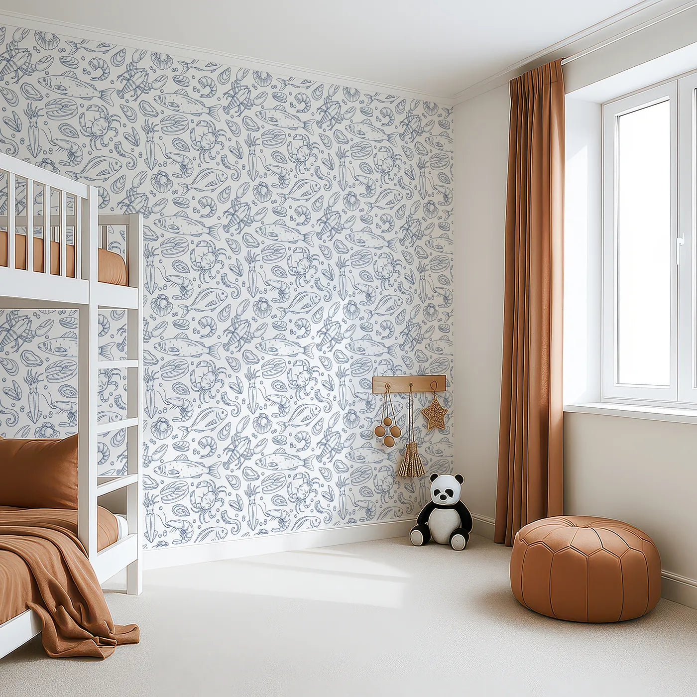 Angled view of Whimsy Tots' Seafood Sketchbook Wallpaper (W2185).Where the wonders of the ocean are drawn in beautiful detail.