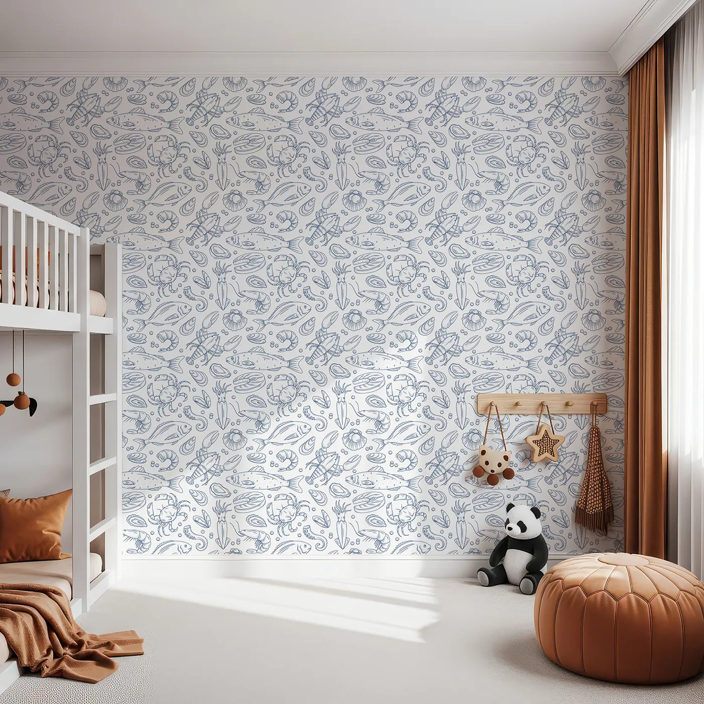 Front view of Whimsy Tots' Seafood Sketchbook Wallpaper