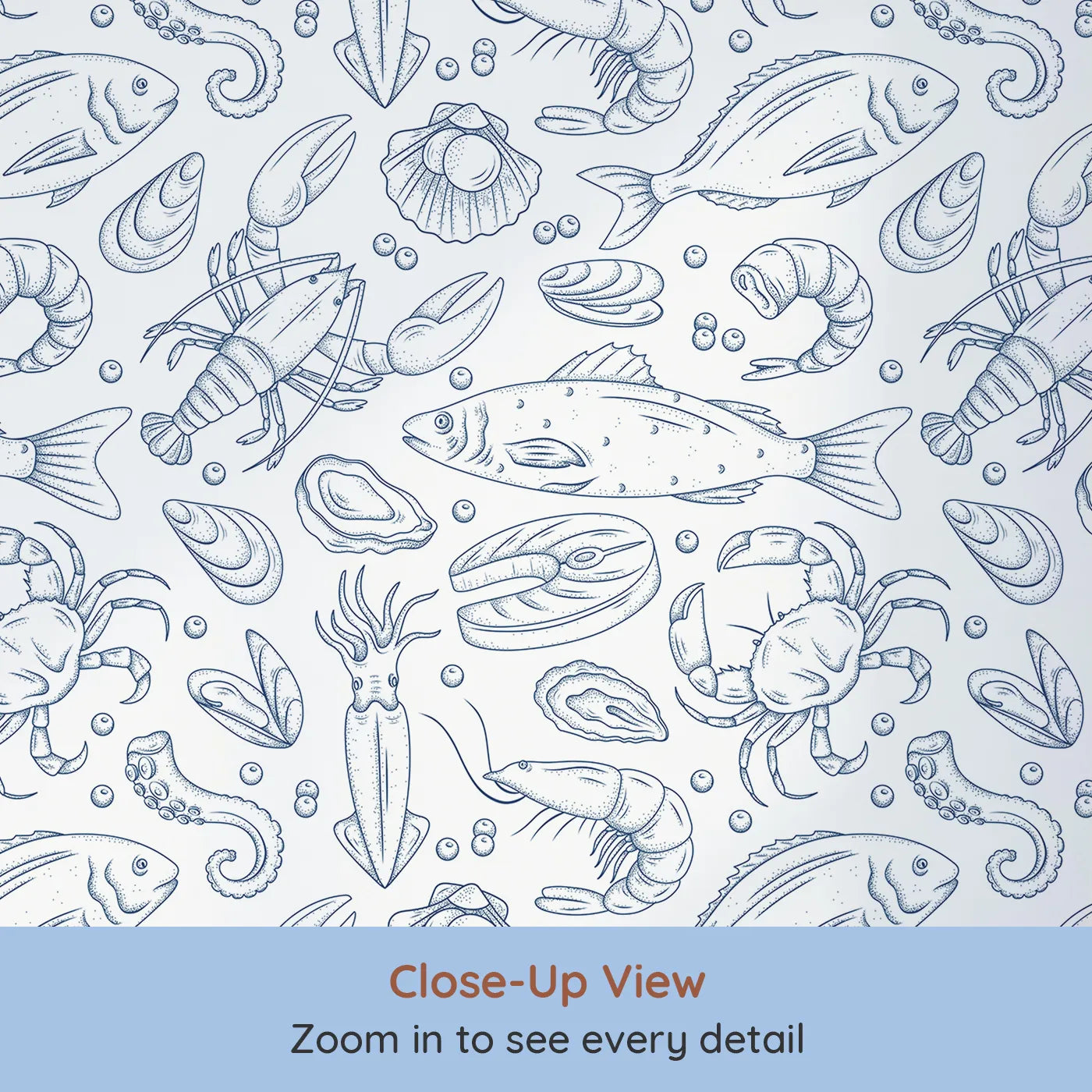 Close-up view of Whimsy Tots' Seafood Sketchbook Wallpaper (W2185).Where the wonders of the ocean are drawn in beautiful detail.