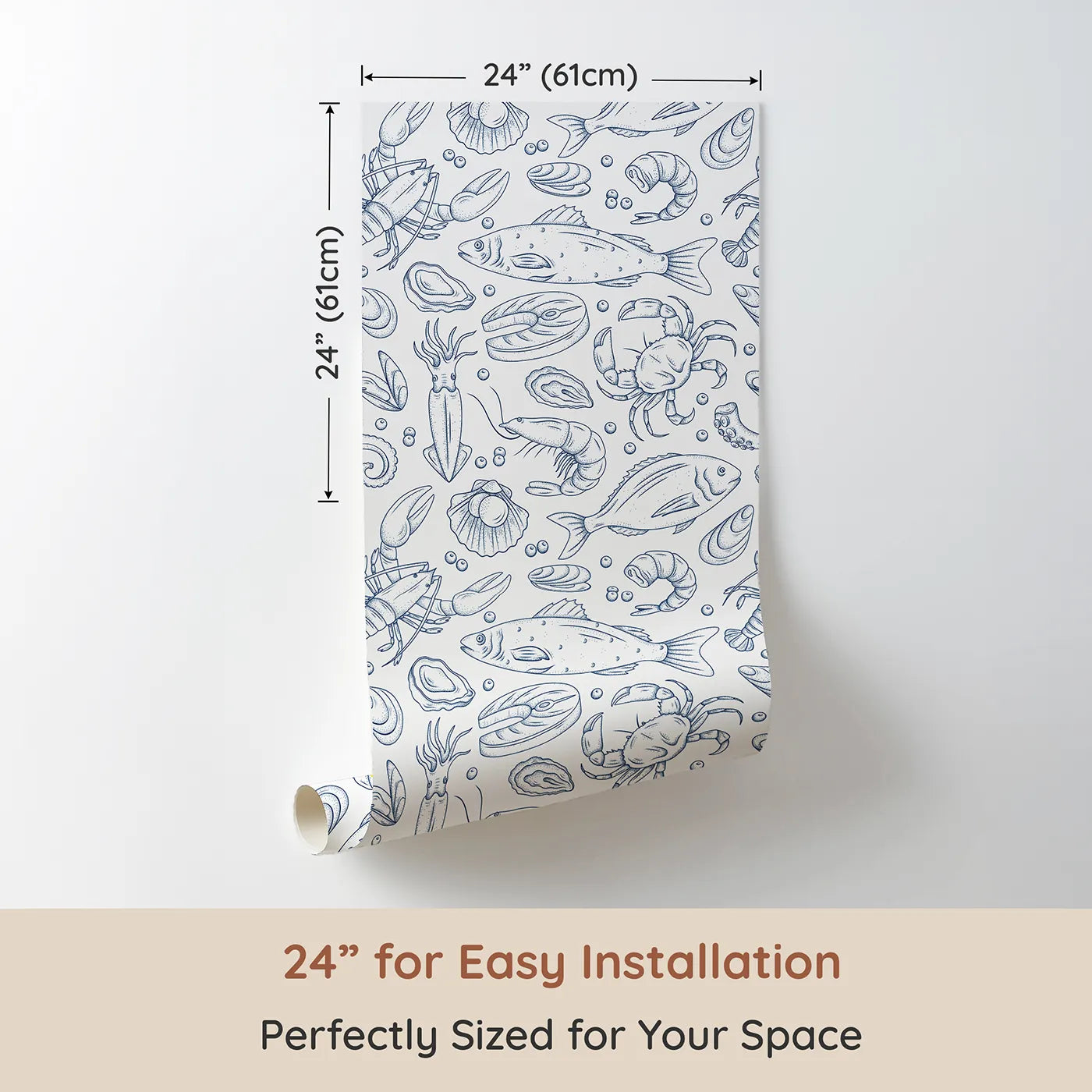 Dimension view of Whimsy Tots Seafood Sketchbook Wallpaper (W2185). Printed in 24-inch-wide panel for easy installation. Where the wonders of the ocean are drawn in beautiful detail.