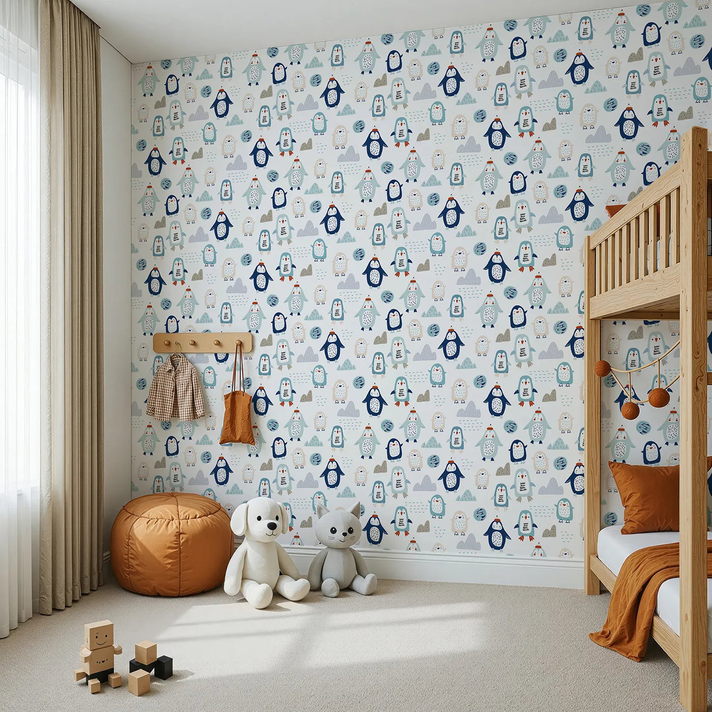 Angled view of Whimsy Tots' Playful Penguin Pals Wallpaper (W2186).Where a colony of cute penguins is ready for some frosty fun.