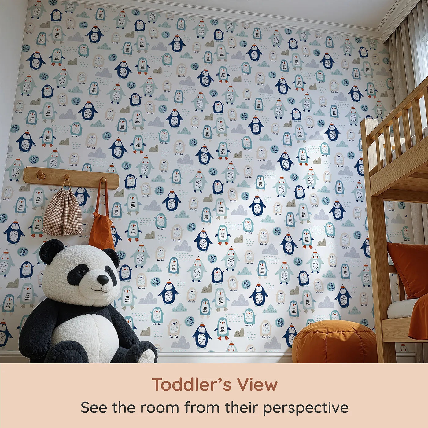 Whimsy Tots Playful Penguin Pals Wallpaper (W2186) from your child's view.Where a colony of cute penguins is ready for some frosty fun.