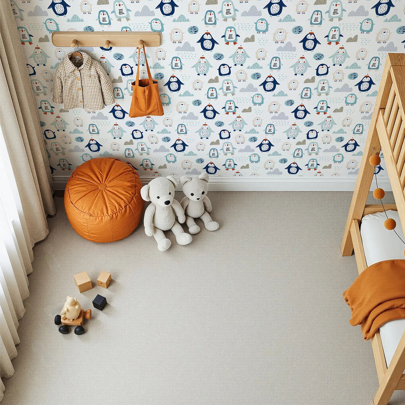 Top-Down view of Whimsy Tots' Playful Penguin Pals Wallpaper (W2186).Where a colony of cute penguins is ready for some frosty fun.
