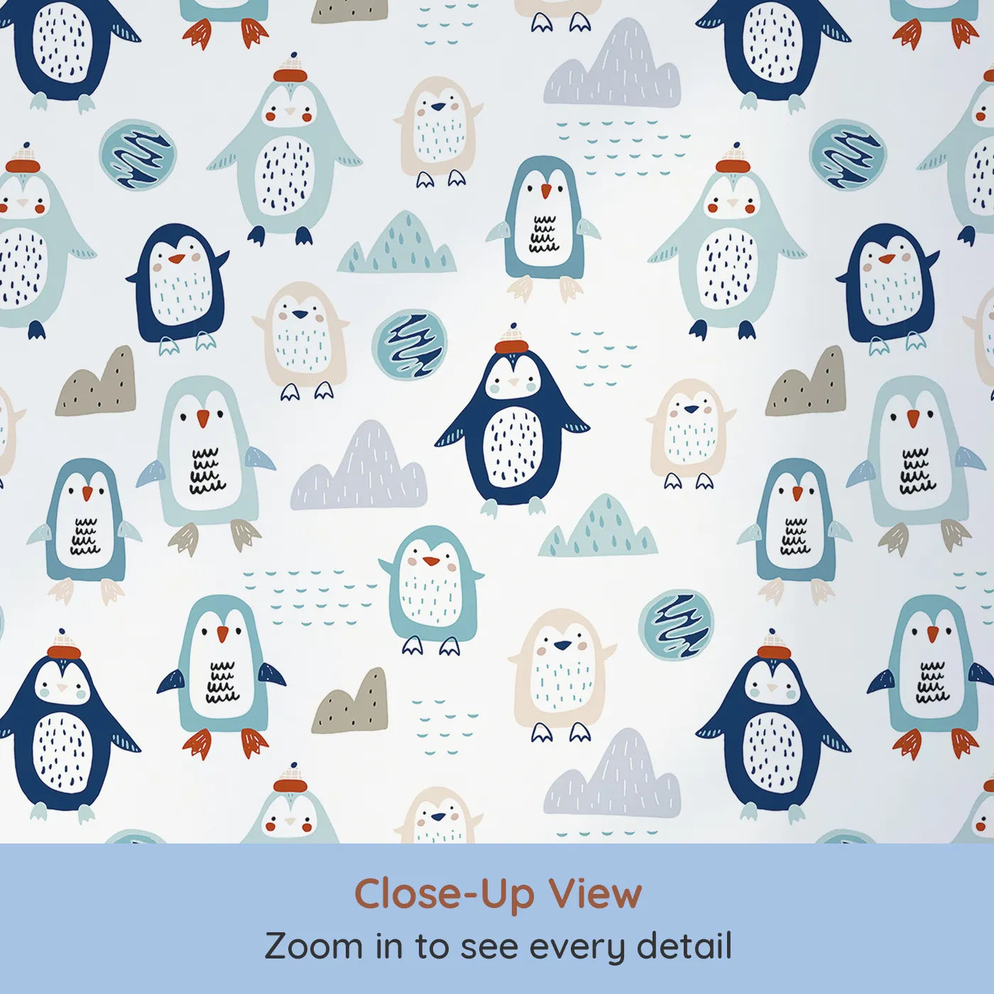 Close-up view of Whimsy Tots' Playful Penguin Pals Wallpaper (W2186).Where a colony of cute penguins is ready for some frosty fun.
