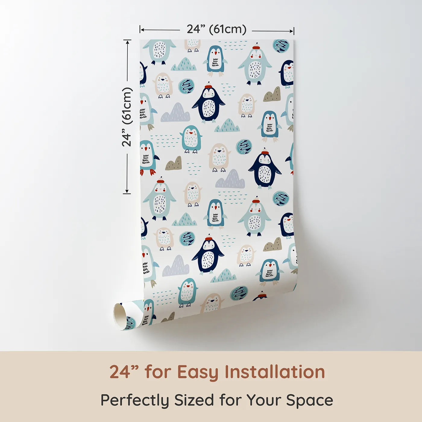 Dimension view of Whimsy Tots Playful Penguin Pals Wallpaper (W2186). Printed in 24-inch-wide panel for easy installation. Where a colony of cute penguins is ready for some frosty fun.