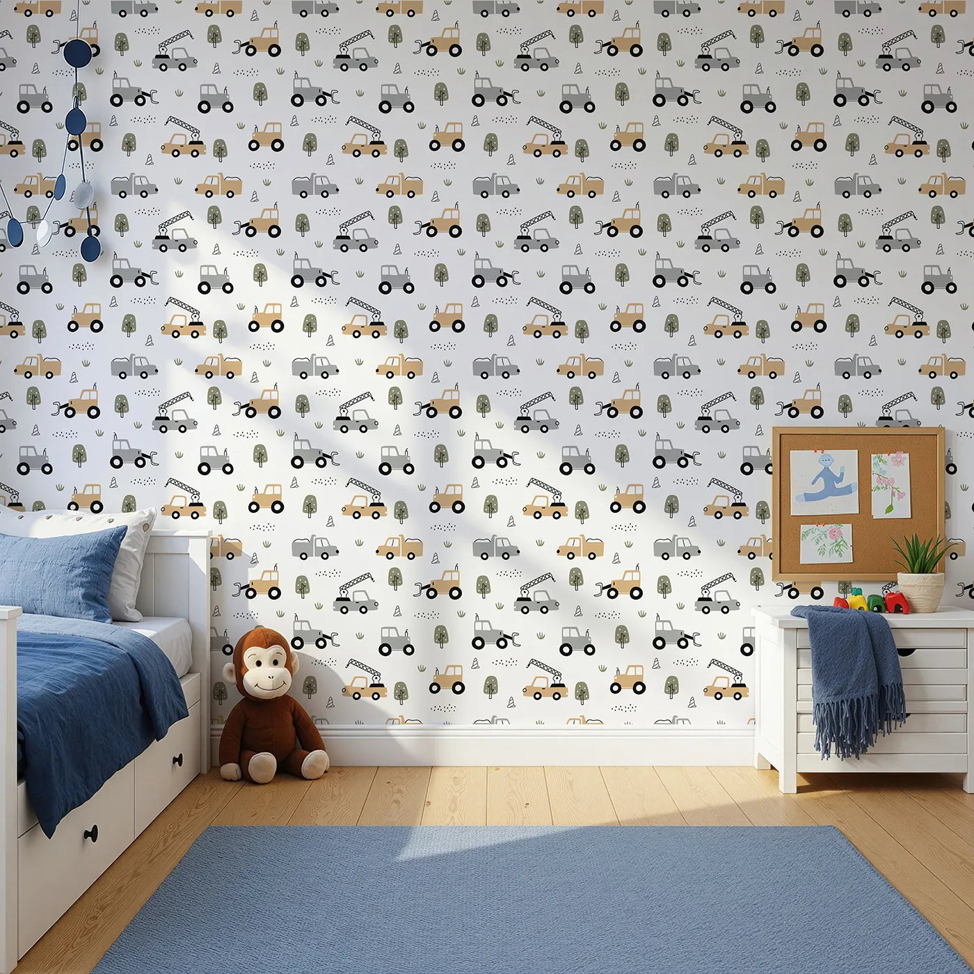 Front view of Whimsy Tots' Neutral Construction Trucks Wallpaper