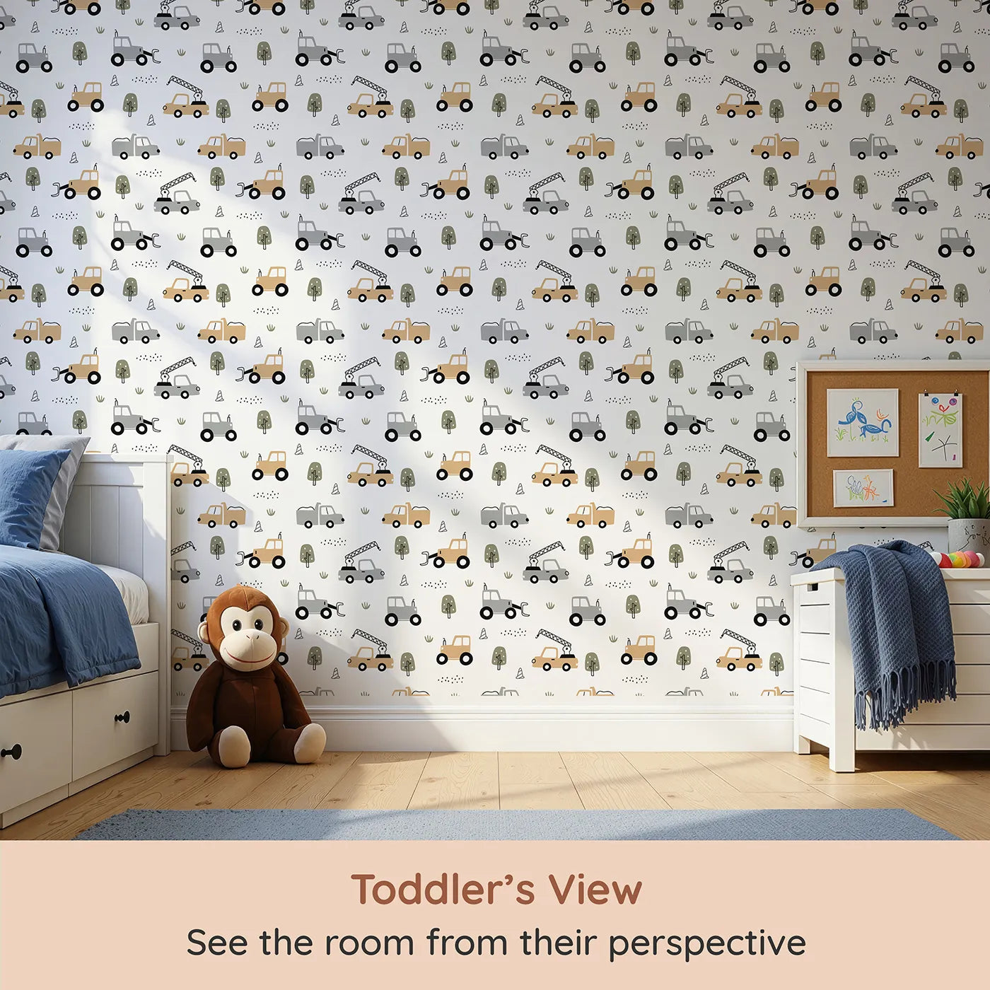 Whimsy Tots Neutral Construction Trucks Wallpaper (W2187) from your child's view.Where simple, modern trucks are ready for a day of gentle play.