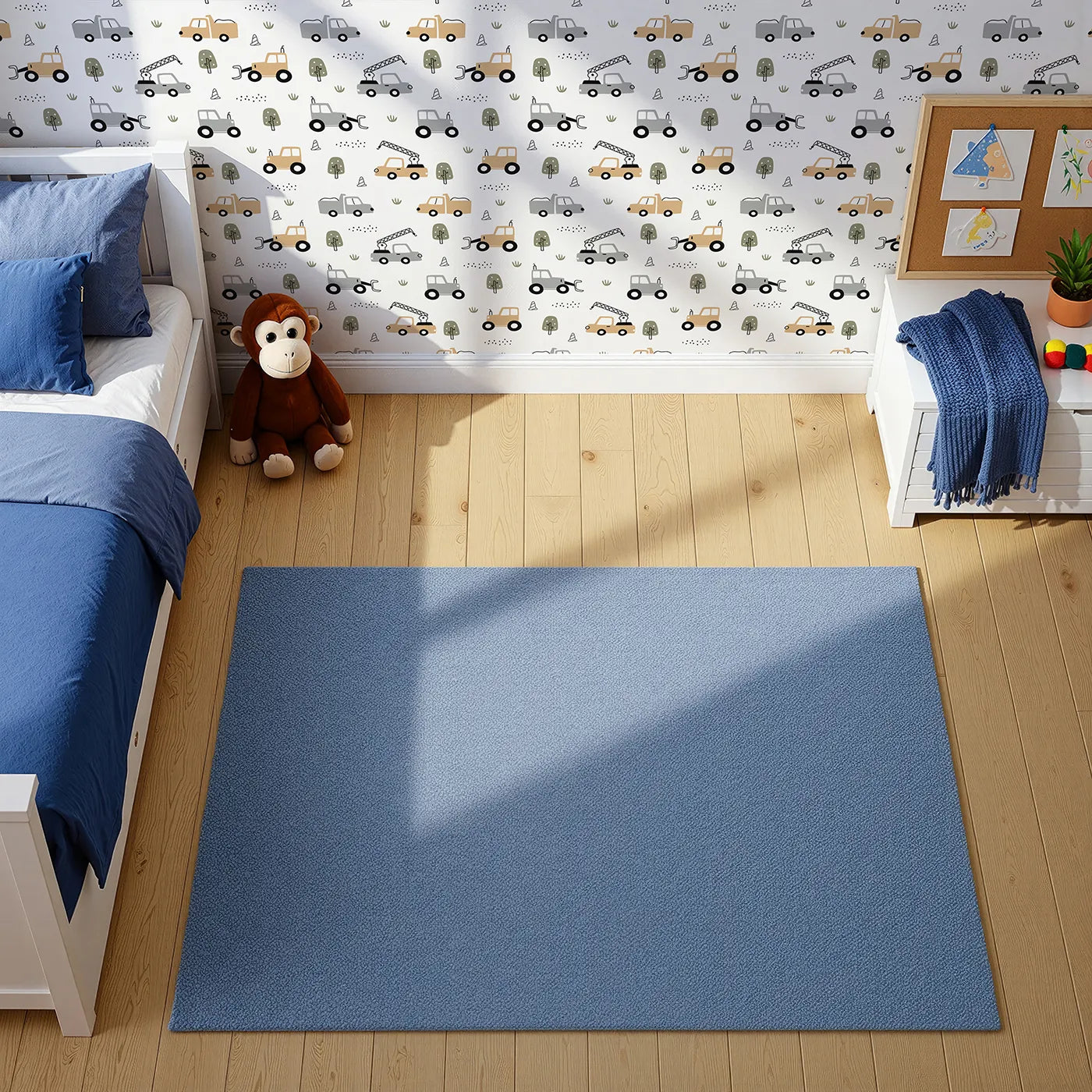 Top-Down view of Whimsy Tots' Neutral Construction Trucks Wallpaper (W2187).Where simple, modern trucks are ready for a day of gentle play.