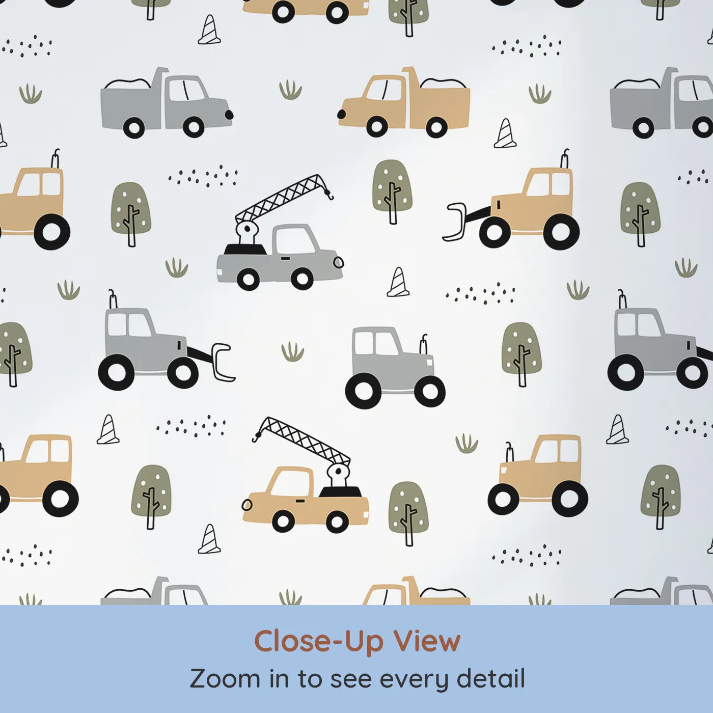 Close-up view of Whimsy Tots' Neutral Construction Trucks Wallpaper (W2187).Where simple, modern trucks are ready for a day of gentle play.