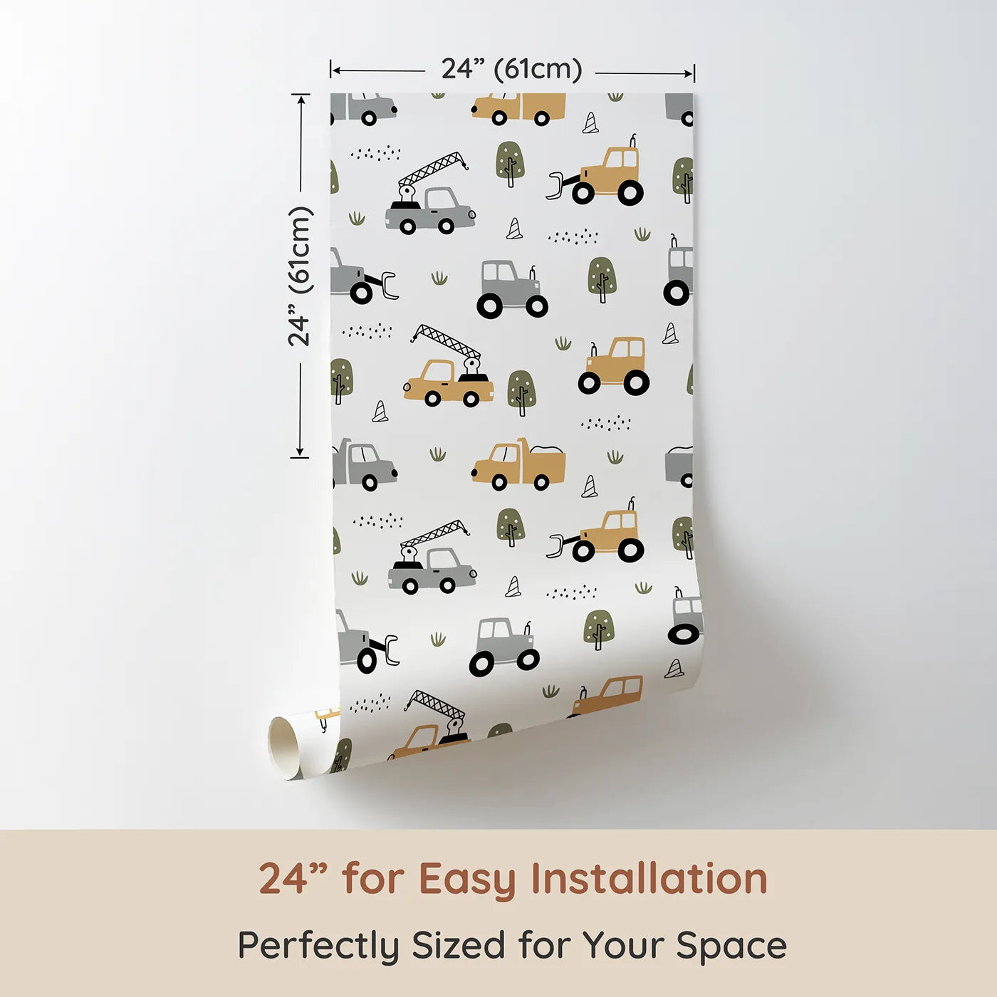 Dimension view of Whimsy Tots Neutral Construction Trucks Wallpaper (W2187). Printed in 24-inch-wide panel for easy installation. Where simple, modern trucks are ready for a day of gentle play.