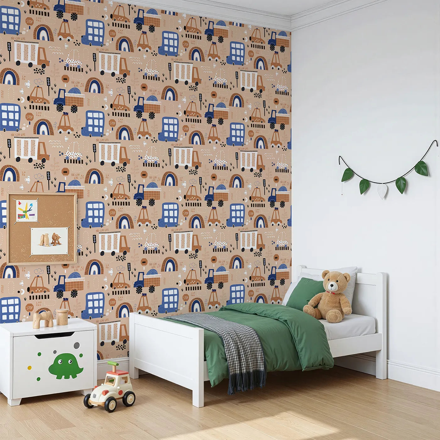 Angled view of Whimsy Tots' Big City Life Cars Wallpaper (W2188).Where quirky cars and buses cruise through a friendly, modern city.