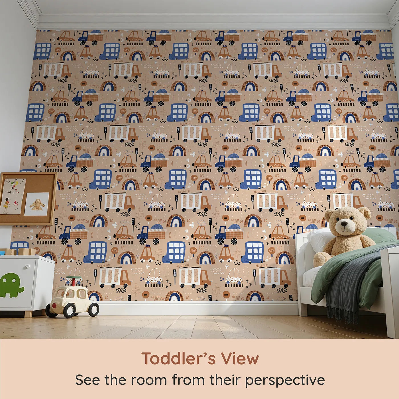 Whimsy Tots Big City Life Cars Wallpaper (W2188) from your child's view.Where quirky cars and buses cruise through a friendly, modern city.