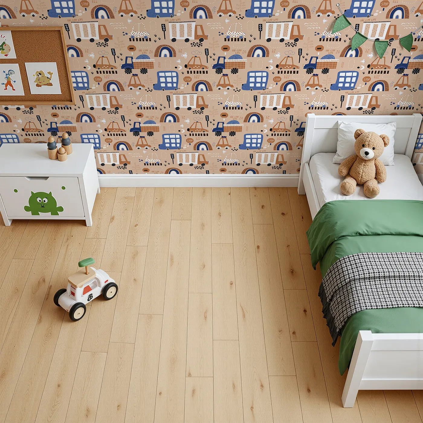 Top-Down view of Whimsy Tots' Big City Life Cars Wallpaper (W2188).Where quirky cars and buses cruise through a friendly, modern city.