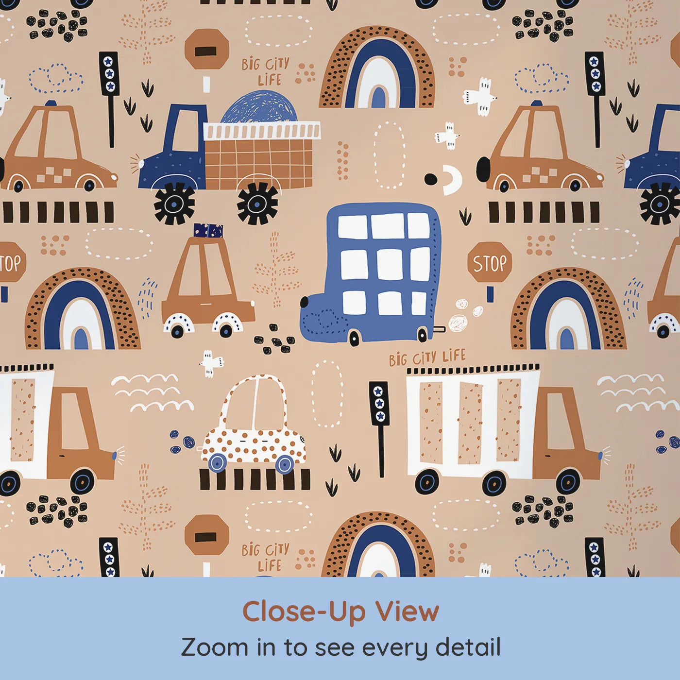 Close-up view of Whimsy Tots' Big City Life Cars Wallpaper (W2188).Where quirky cars and buses cruise through a friendly, modern city.