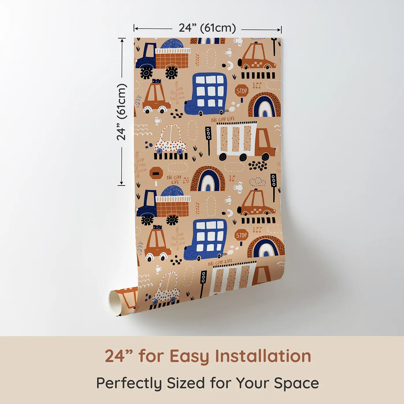 Dimension view of Whimsy Tots Big City Life Cars Wallpaper (W2188). Printed in 24-inch-wide panel for easy installation. Where quirky cars and buses cruise through a friendly, modern city.