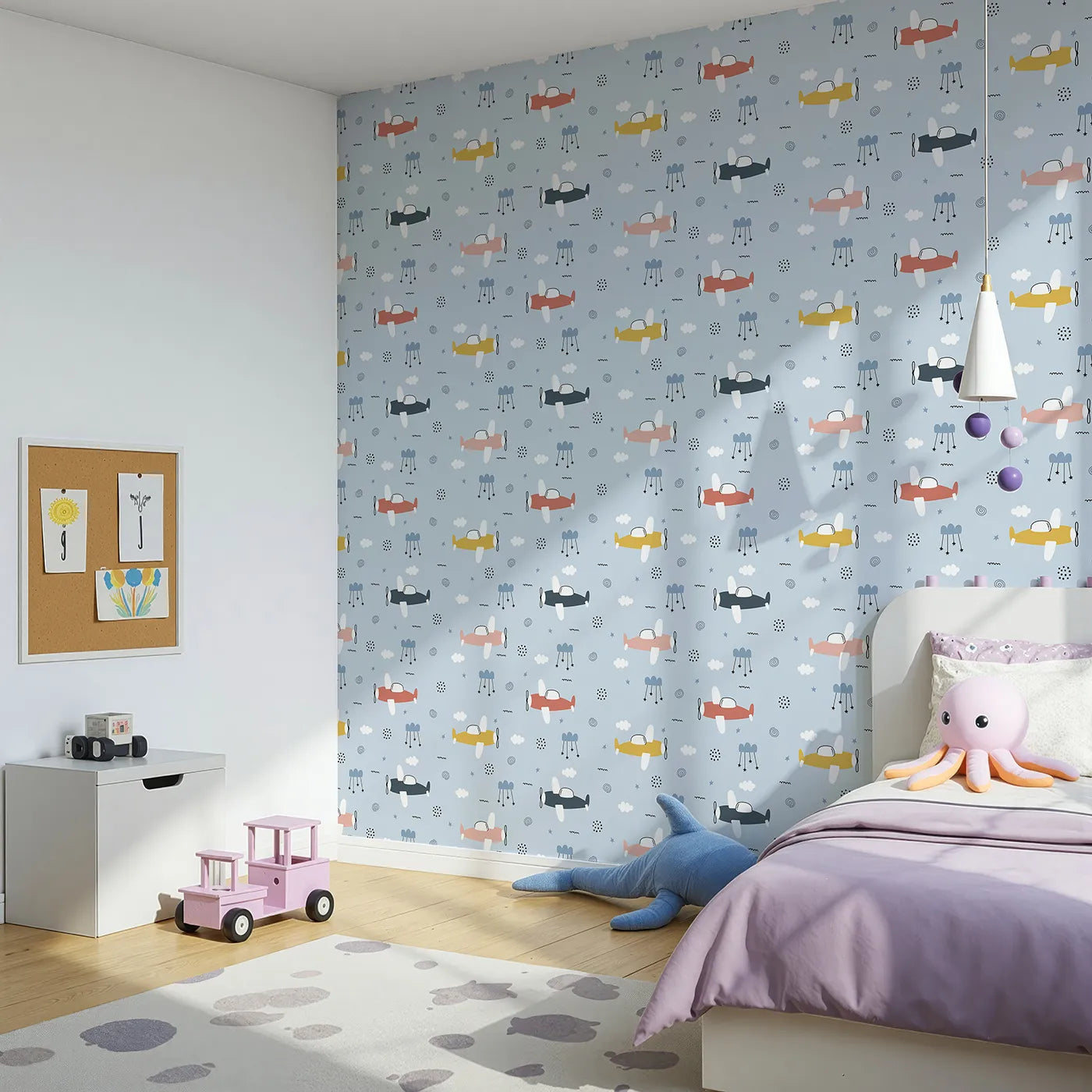 Angled view of Whimsy Tots' Colorful Propeller Planes Wallpaper (W2189).Where a squadron of colorful planes paints the sky with joy.