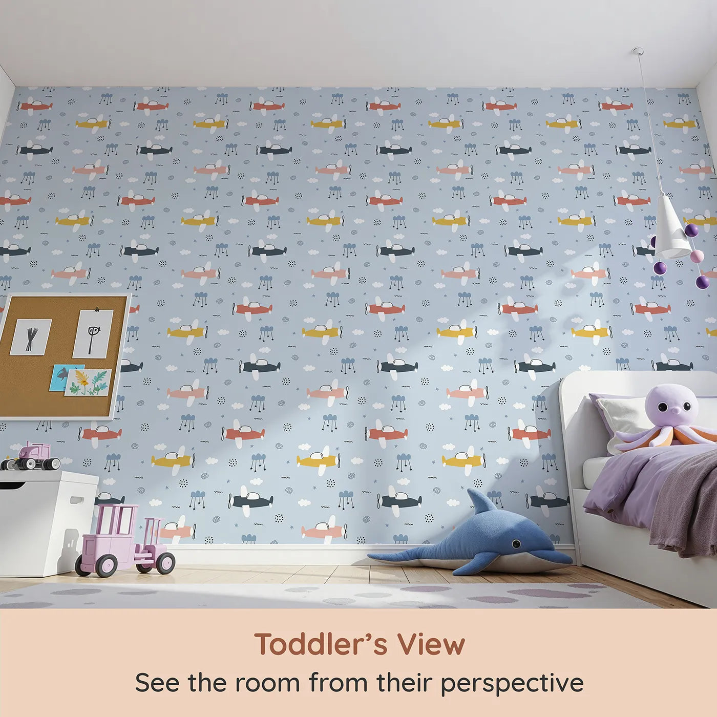 Whimsy Tots Colorful Propeller Planes Wallpaper (W2189) from your child's view.Where a squadron of colorful planes paints the sky with joy.