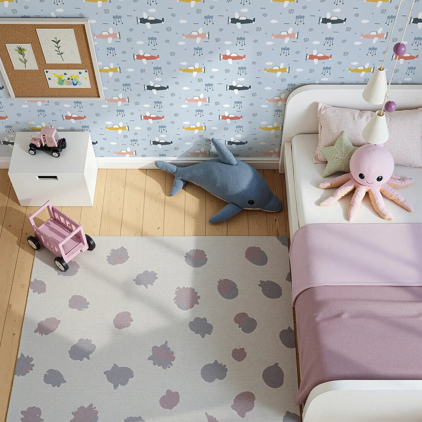 Top-Down view of Whimsy Tots' Colorful Propeller Planes Wallpaper (W2189).Where a squadron of colorful planes paints the sky with joy.