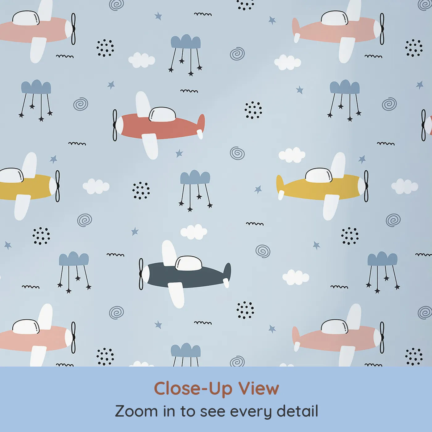 Close-up view of Whimsy Tots' Colorful Propeller Planes Wallpaper (W2189).Where a squadron of colorful planes paints the sky with joy.