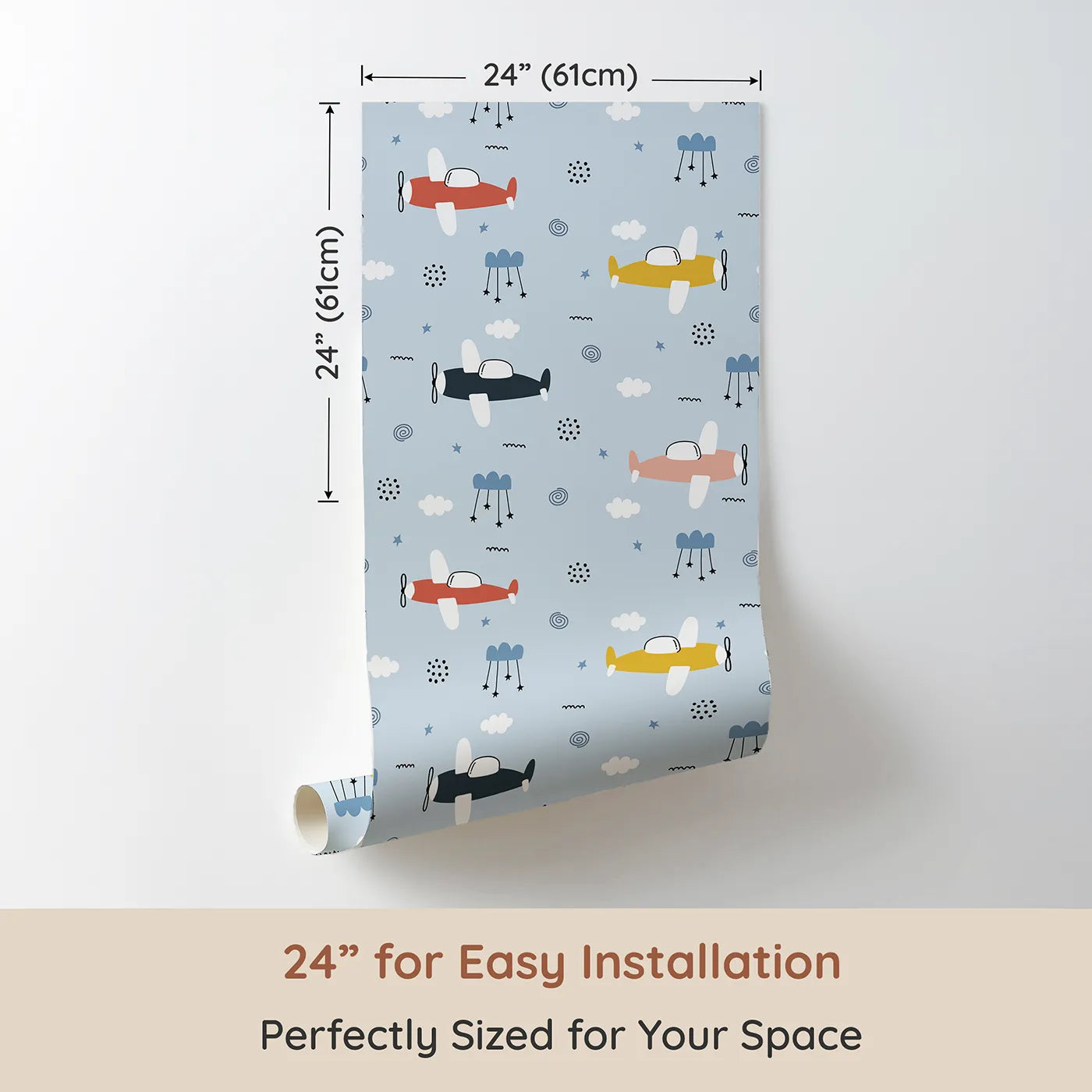 Dimension view of Whimsy Tots Colorful Propeller Planes Wallpaper (W2189). Printed in 24-inch-wide panel for easy installation. Where a squadron of colorful planes paints the sky with joy.