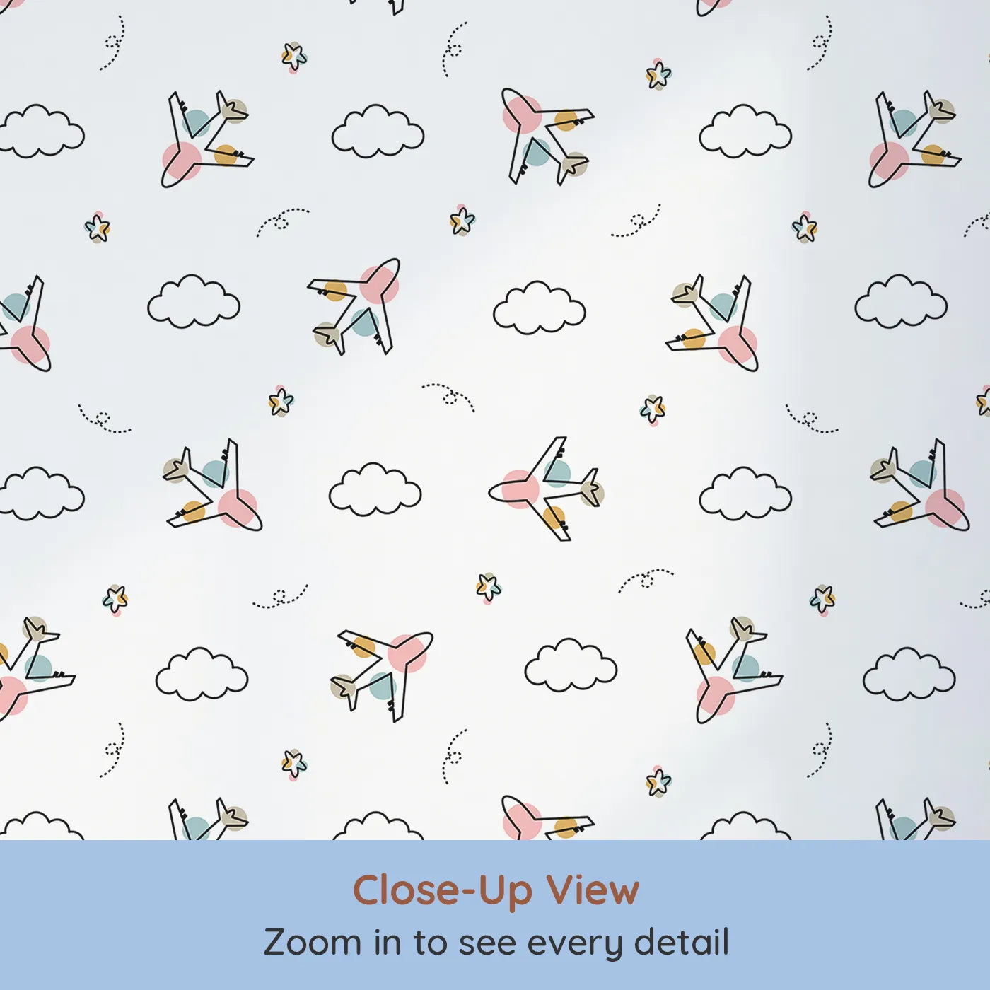 Close-up view of Whimsy Tots' Minimalist Airplane Doodle Wallpaper (W2190).Where simple, hand-drawn planes float on a gentle breeze.