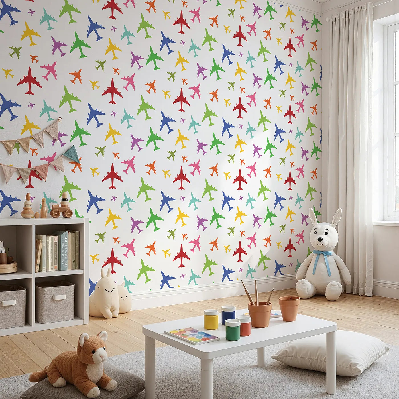 Angled view of Whimsy Tots' Rainbow Airplane Silhouettes Wallpaper (W2191).Where a fleet of colorful jets is ready for takeoff.