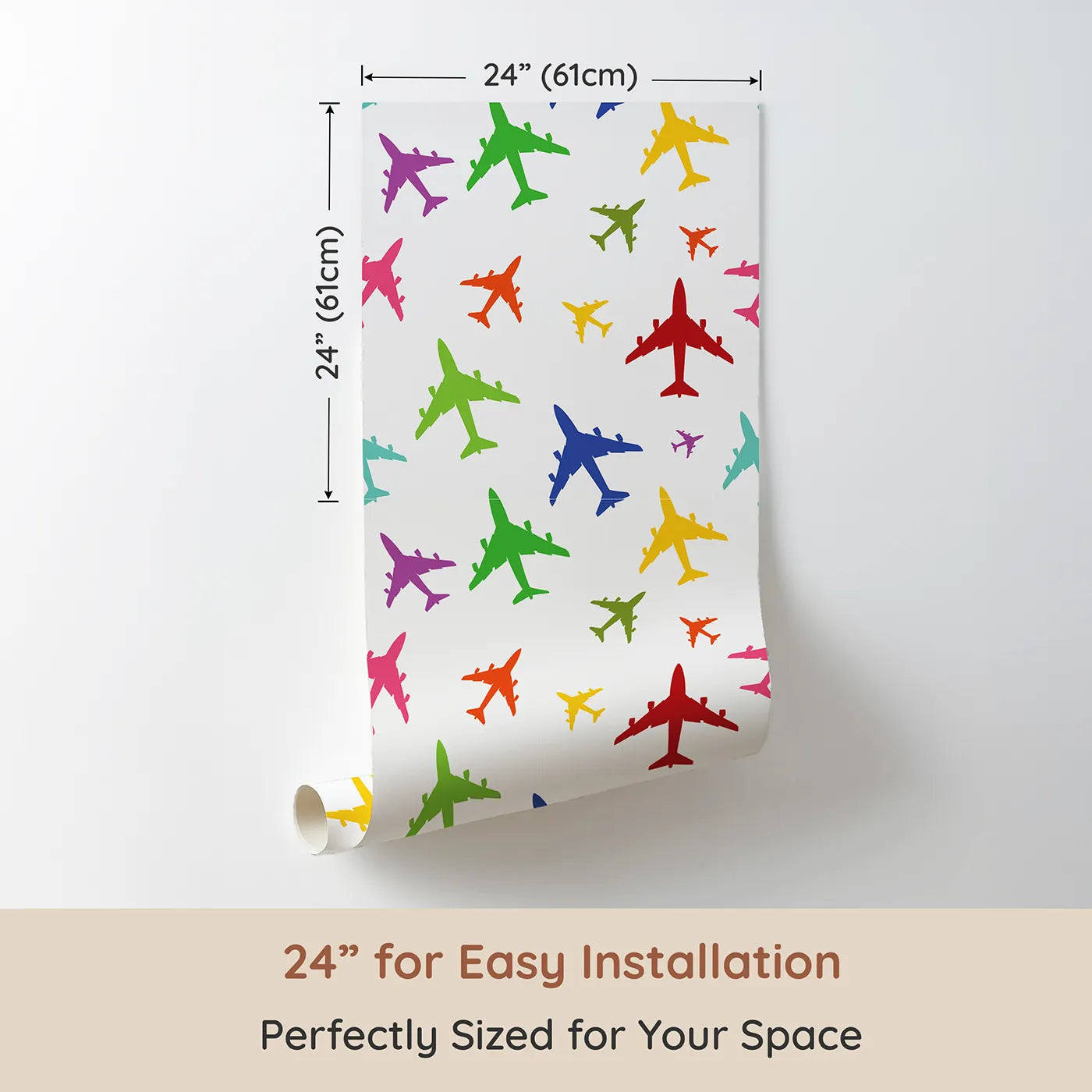 Dimension view of Whimsy Tots Rainbow Airplane Silhouettes Wallpaper (W2191). Printed in 24-inch-wide panel for easy installation. Where a fleet of colorful jets is ready for takeoff.