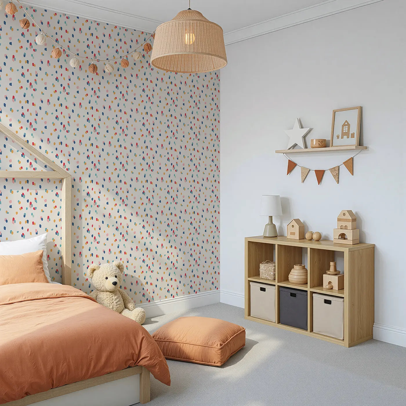 Angled view of Whimsy Tots' Abstract Confetti Dots Wallpaper (W2193).Where playful dabs of color are scattered like happy confetti.