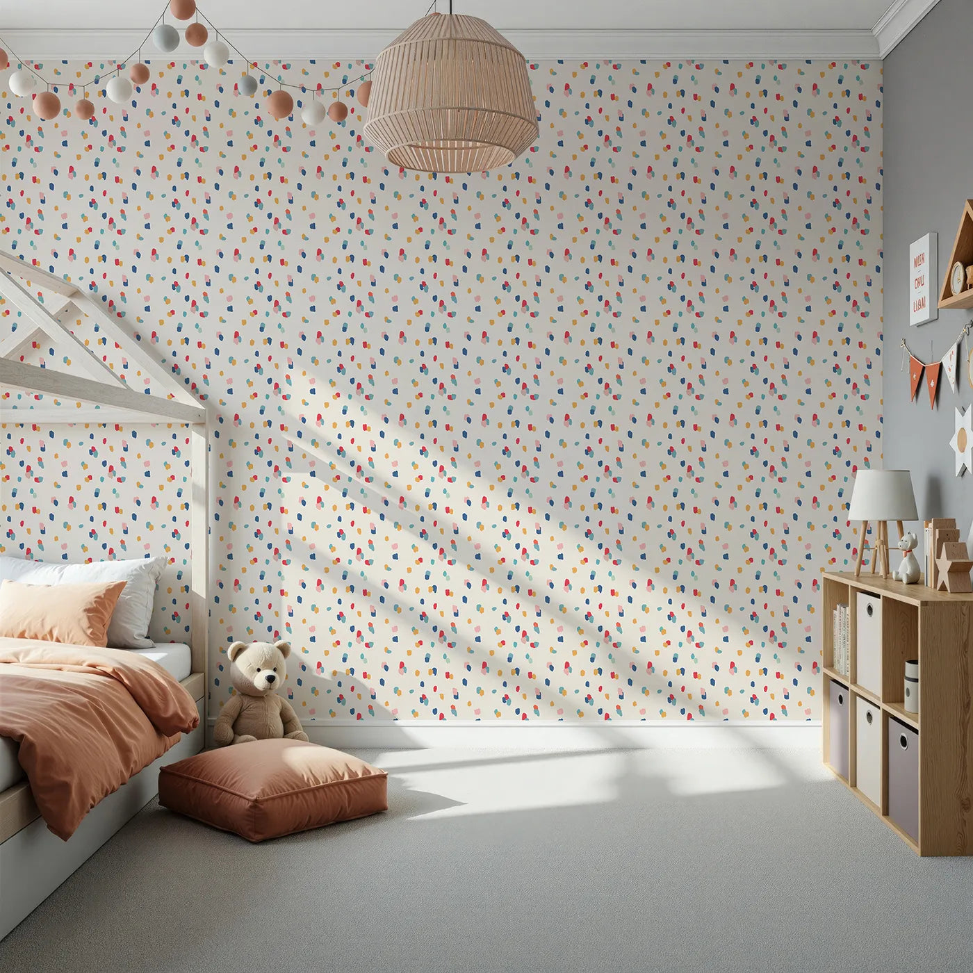 Front view of Whimsy Tots' Abstract Confetti Dots Wallpaper
