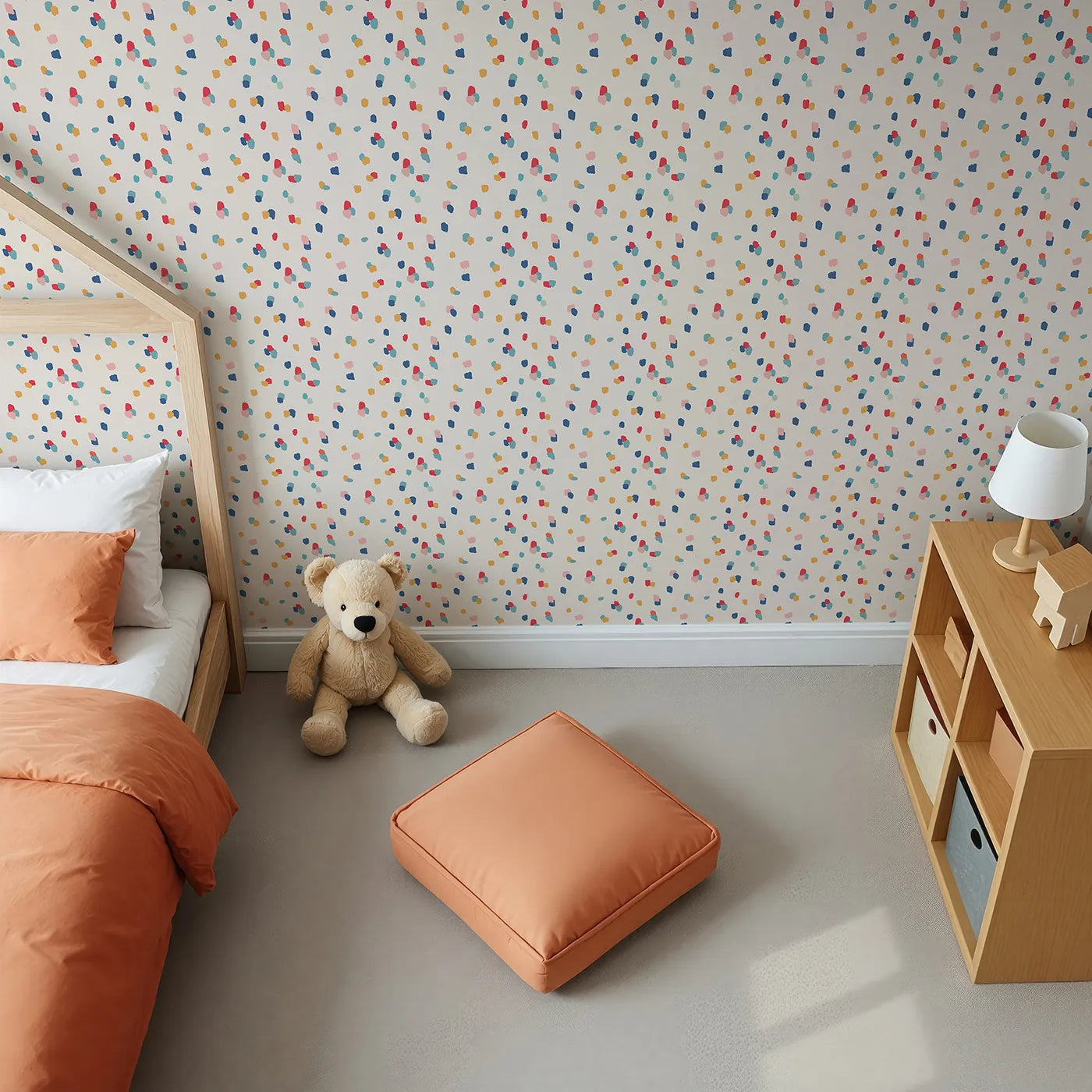 Top-Down view of Whimsy Tots' Abstract Confetti Dots Wallpaper (W2193).Where playful dabs of color are scattered like happy confetti.