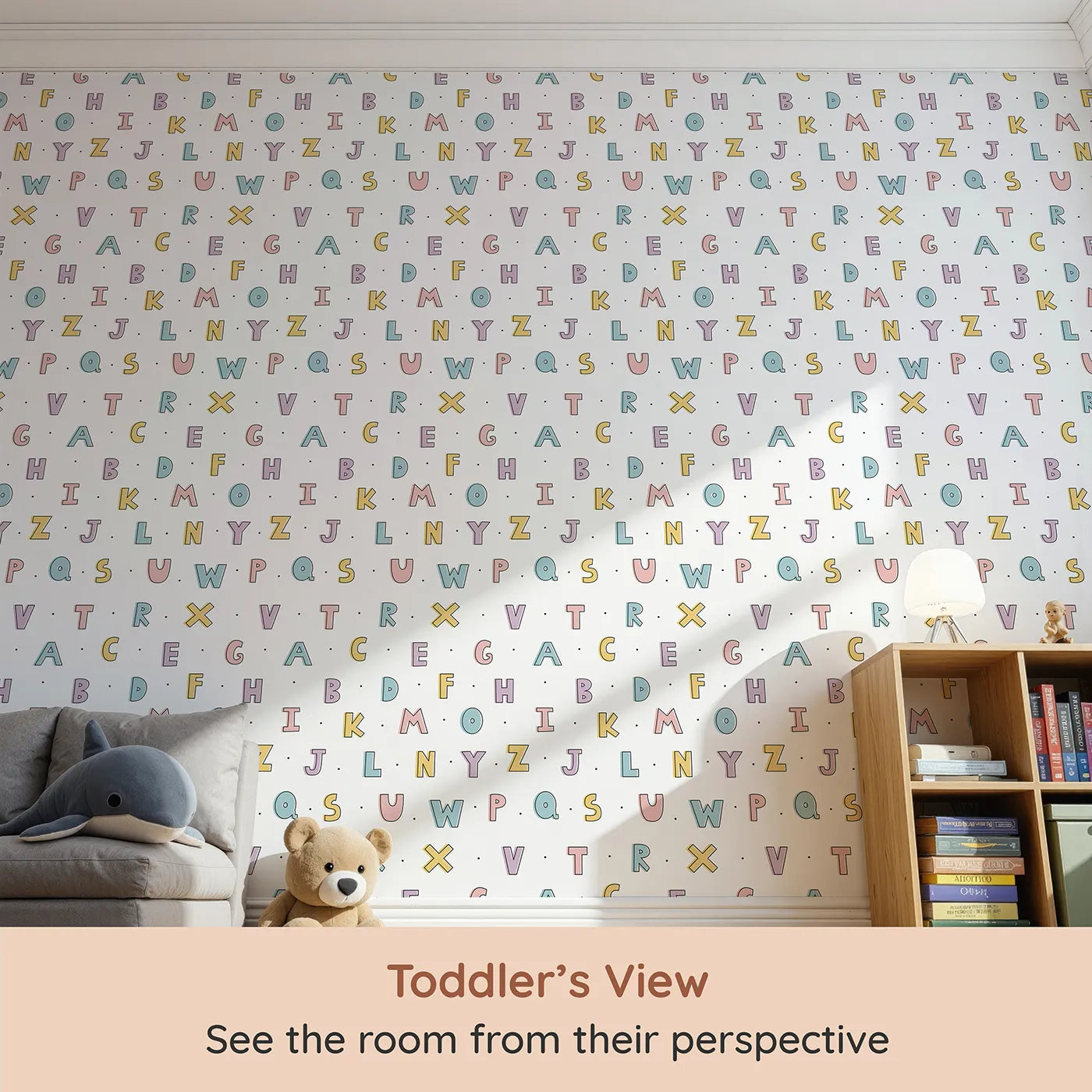 Whimsy Tots Pastel Doodle Alphabet Wallpaper (W2194) from your child's view.Where learning the ABCs is a soft and happy game.