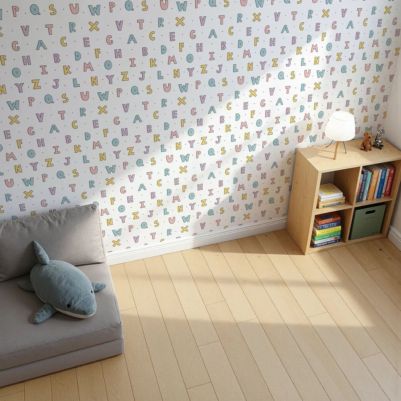 Top-Down view of Whimsy Tots' Pastel Doodle Alphabet Wallpaper (W2194).Where learning the ABCs is a soft and happy game.