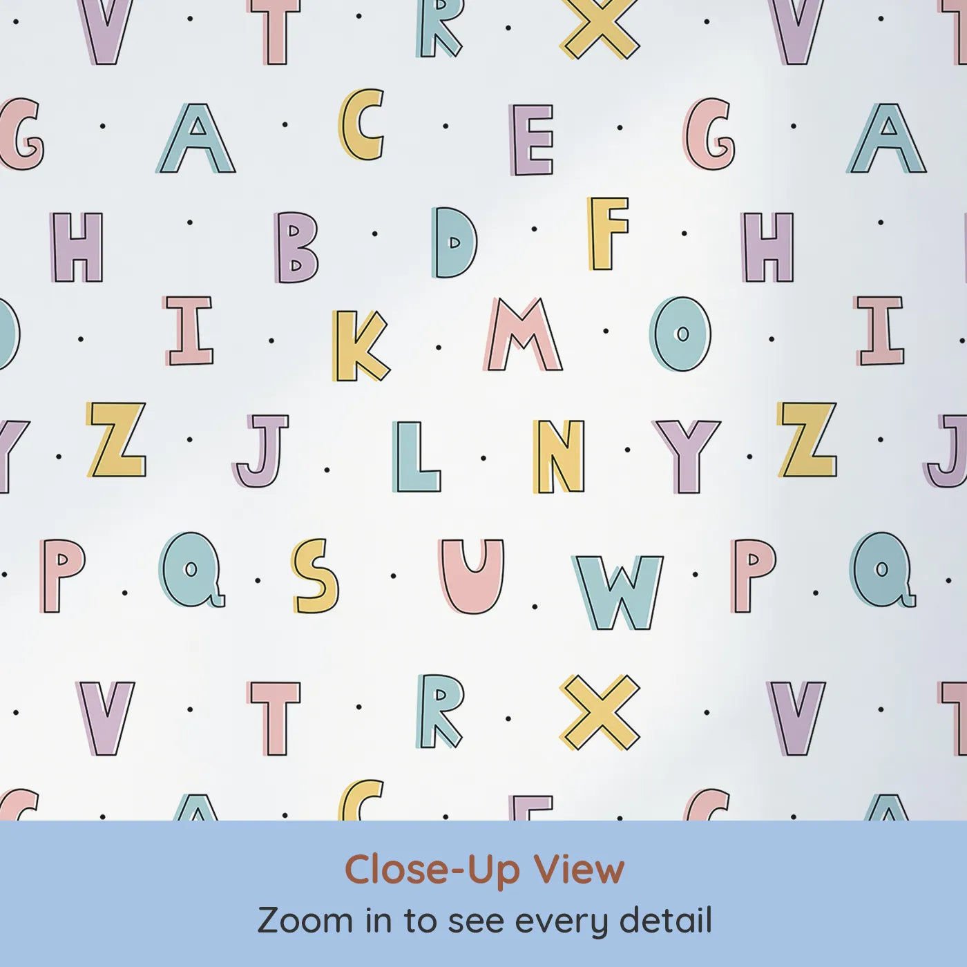 Close-up view of Whimsy Tots' Pastel Doodle Alphabet Wallpaper (W2194).Where learning the ABCs is a soft and happy game.