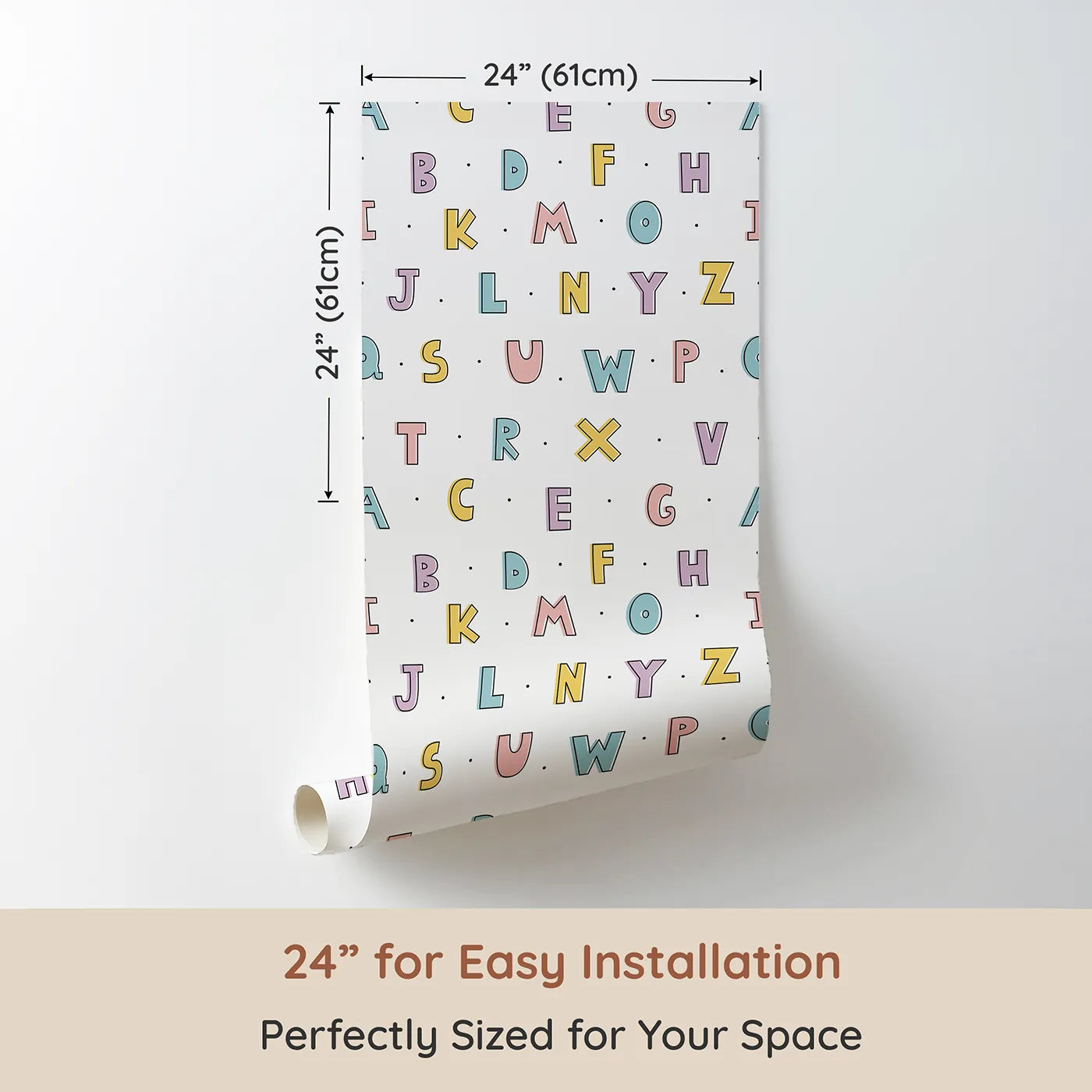 Dimension view of Whimsy Tots Pastel Doodle Alphabet Wallpaper (W2194). Printed in 24-inch-wide panel for easy installation. Where learning the ABCs is a soft and happy game.