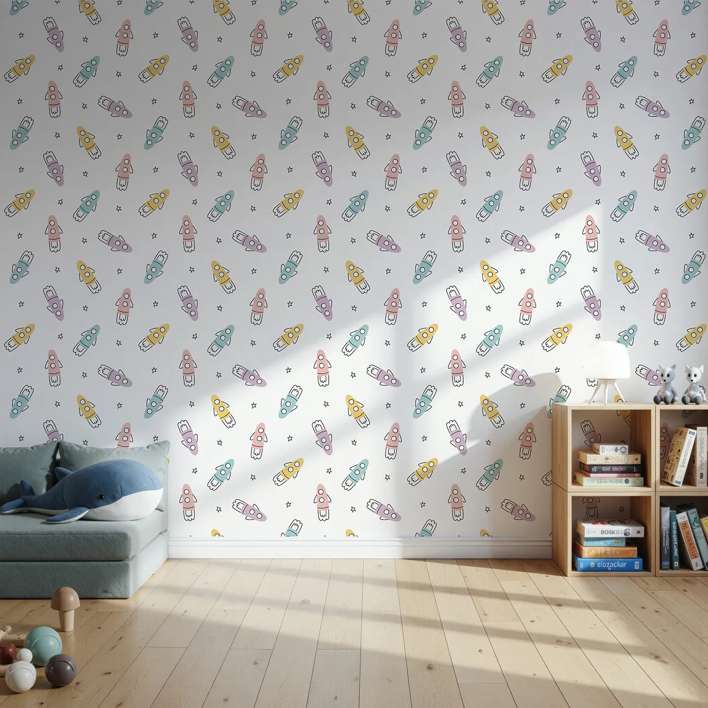 Front view of Whimsy Tots' Pastel Doodle Rockets Wallpaper