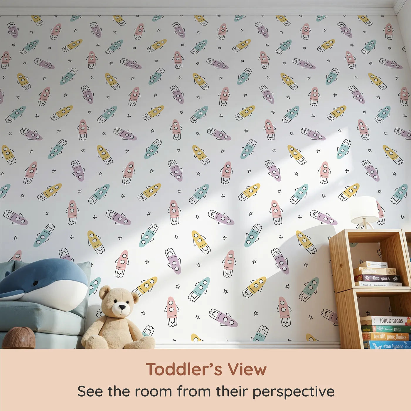 Whimsy Tots Pastel Doodle Rockets Wallpaper (W2195) from your child's view.Where a fleet of colorful, hand-drawn rockets is ready to explore.