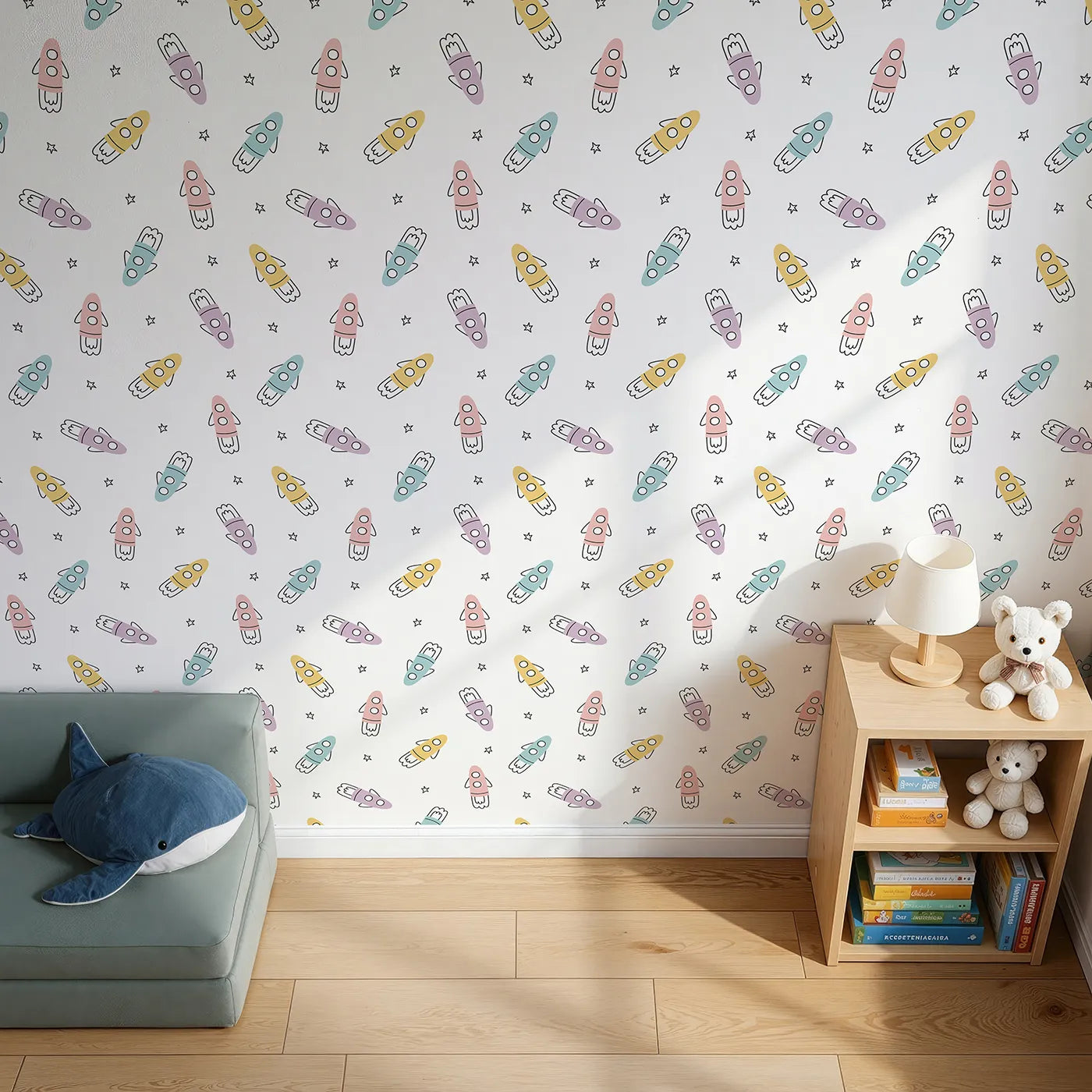 Top-Down view of Whimsy Tots' Pastel Doodle Rockets Wallpaper (W2195).Where a fleet of colorful, hand-drawn rockets is ready to explore.