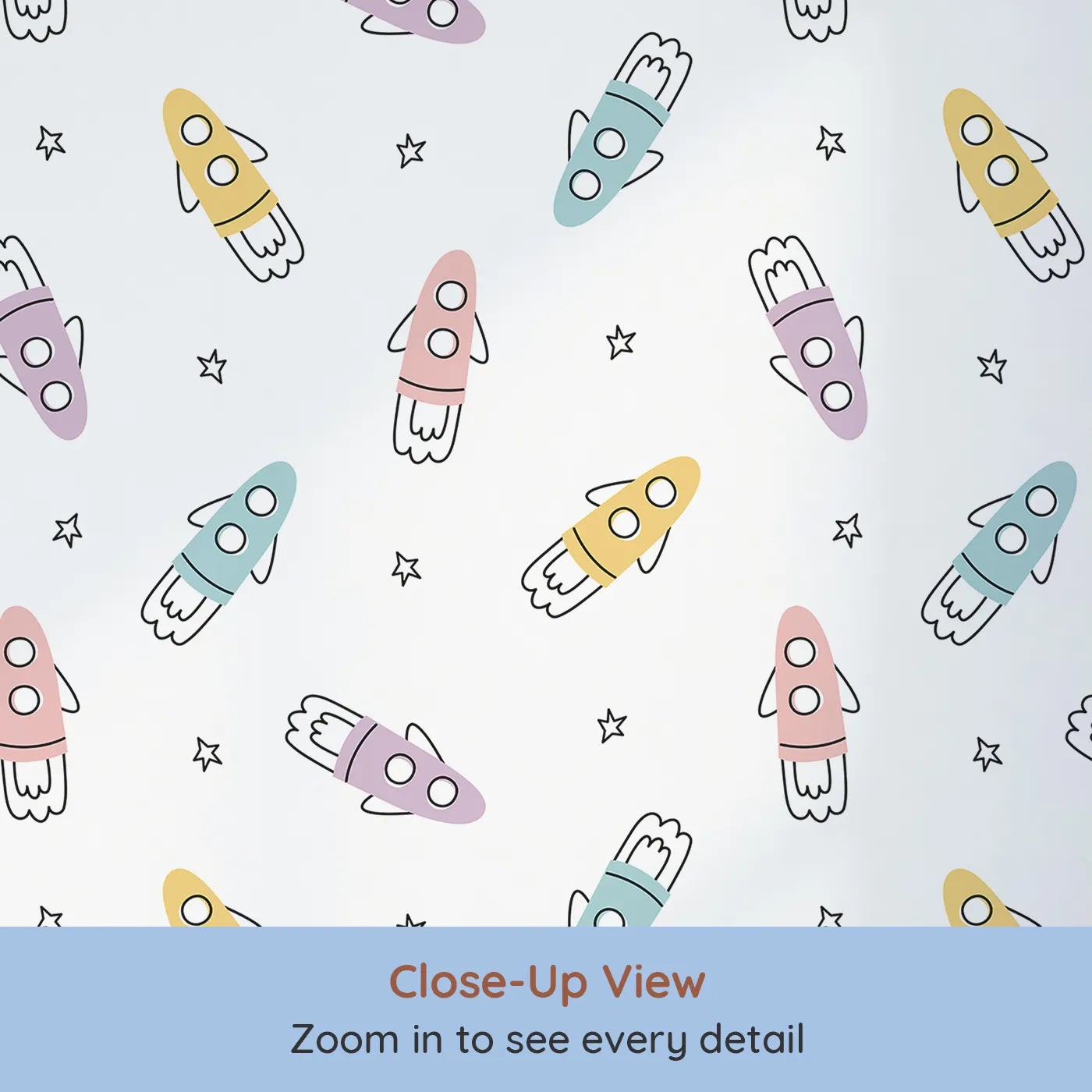 Close-up view of Whimsy Tots' Pastel Doodle Rockets Wallpaper (W2195).Where a fleet of colorful, hand-drawn rockets is ready to explore.