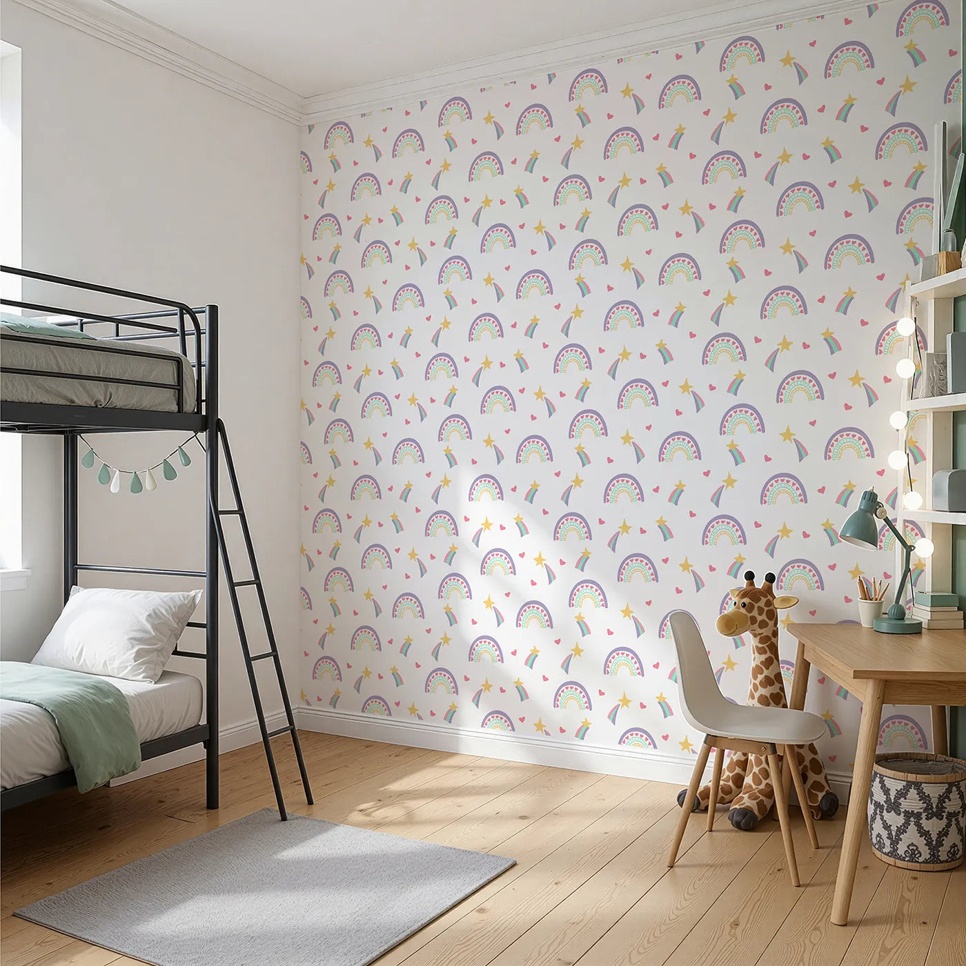 Angled view of Whimsy Tots' Doodle Rainbow Hearts Wallpaper (W2196).Where happy rainbows and shooting stars are filled with hearts.