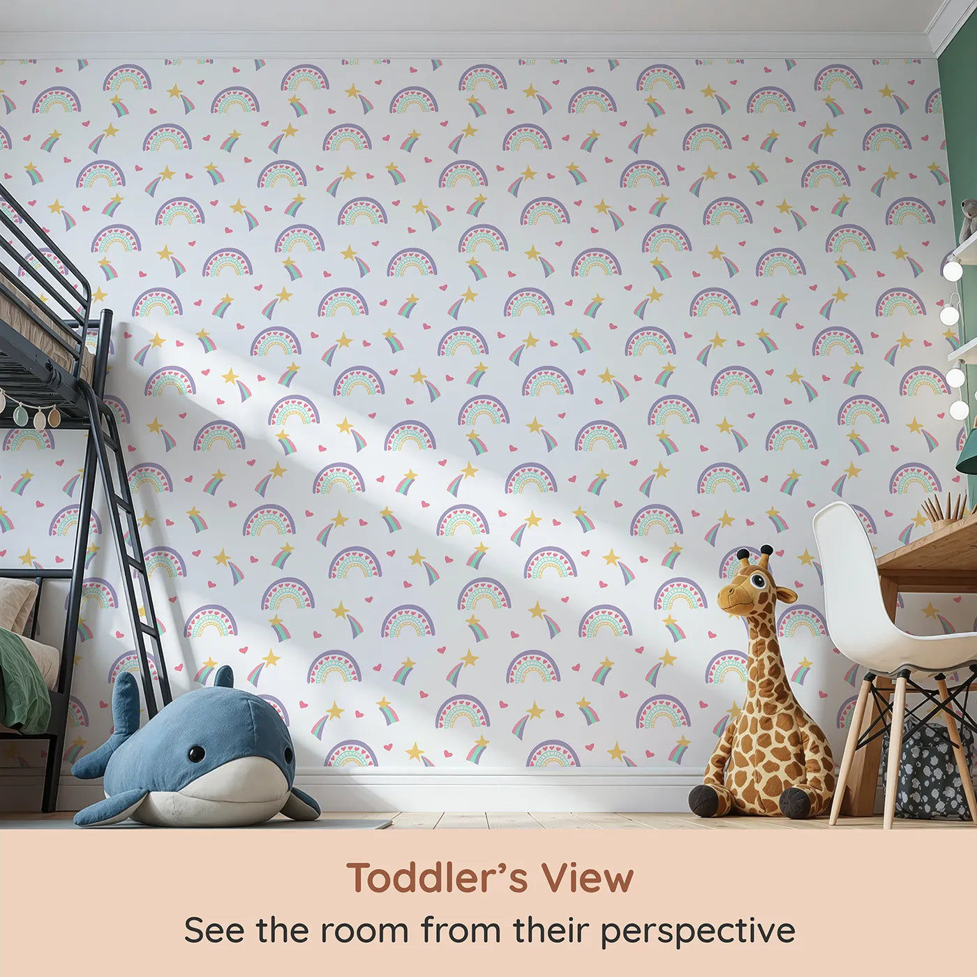 Whimsy Tots Doodle Rainbow Hearts Wallpaper (W2196) from your child's view.Where happy rainbows and shooting stars are filled with hearts.