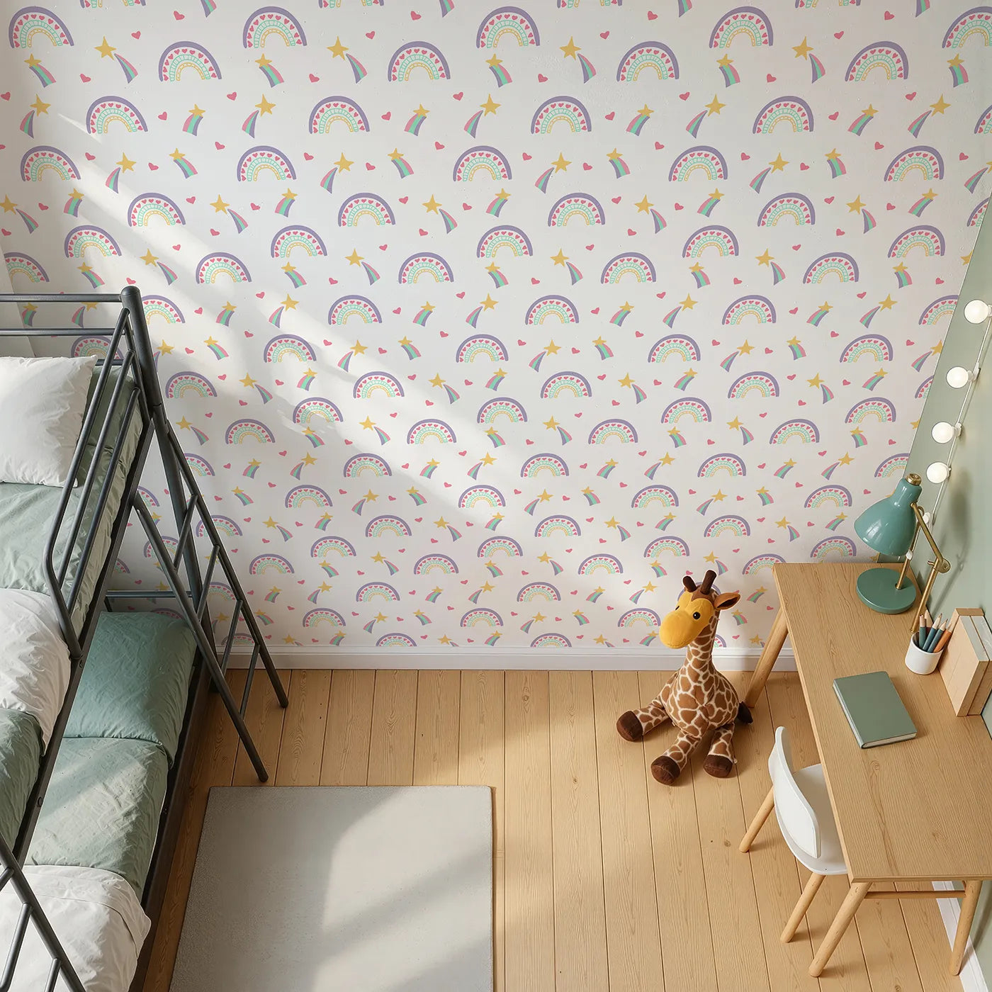 Top-Down view of Whimsy Tots' Doodle Rainbow Hearts Wallpaper (W2196).Where happy rainbows and shooting stars are filled with hearts.