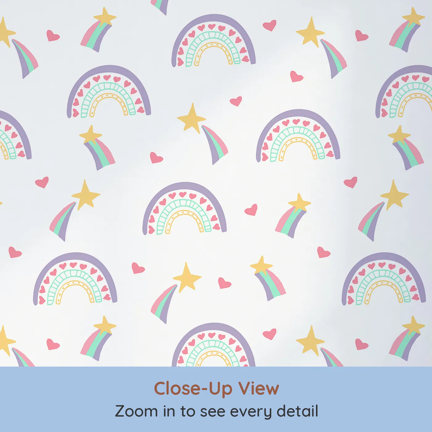 Close-up view of Whimsy Tots' Doodle Rainbow Hearts Wallpaper (W2196).Where happy rainbows and shooting stars are filled with hearts.